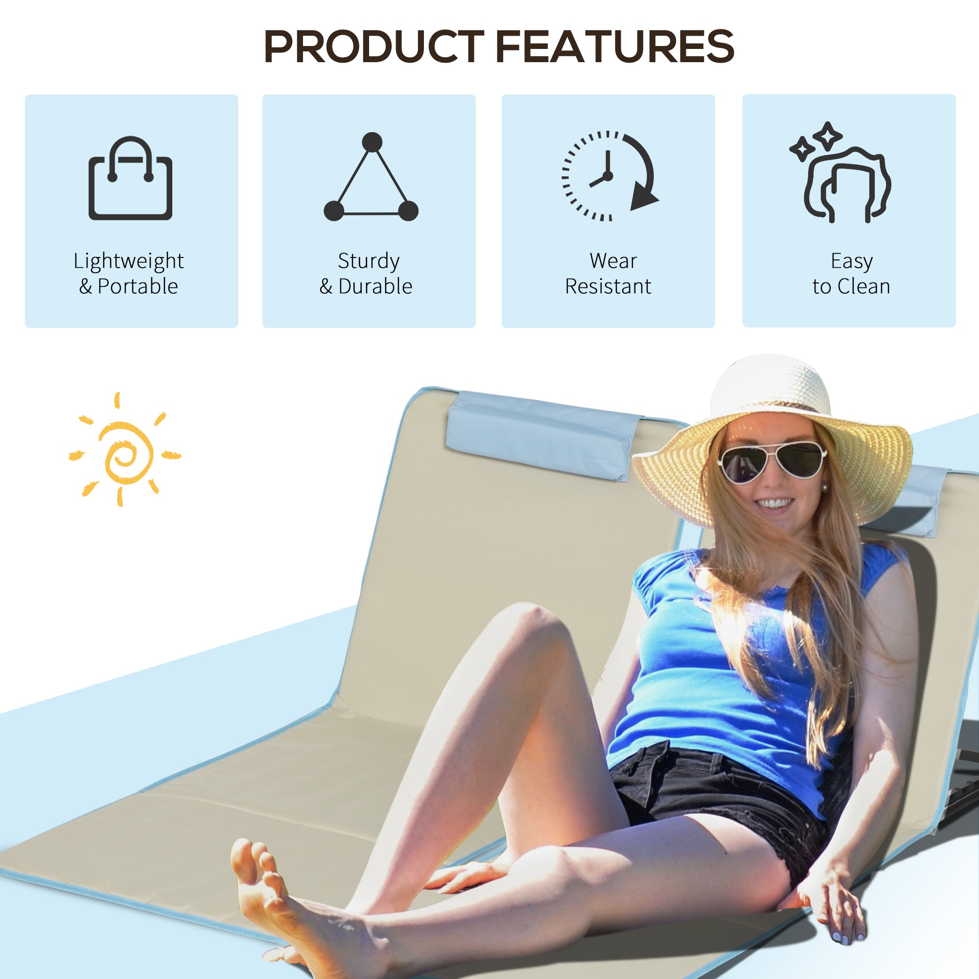 Outsunny Set of 2 Beach Lounge Chair, Folding Ground Beach Mat w/ Adjustable Back, Steel Frame, Head Pillow and Carry Bag, Beige