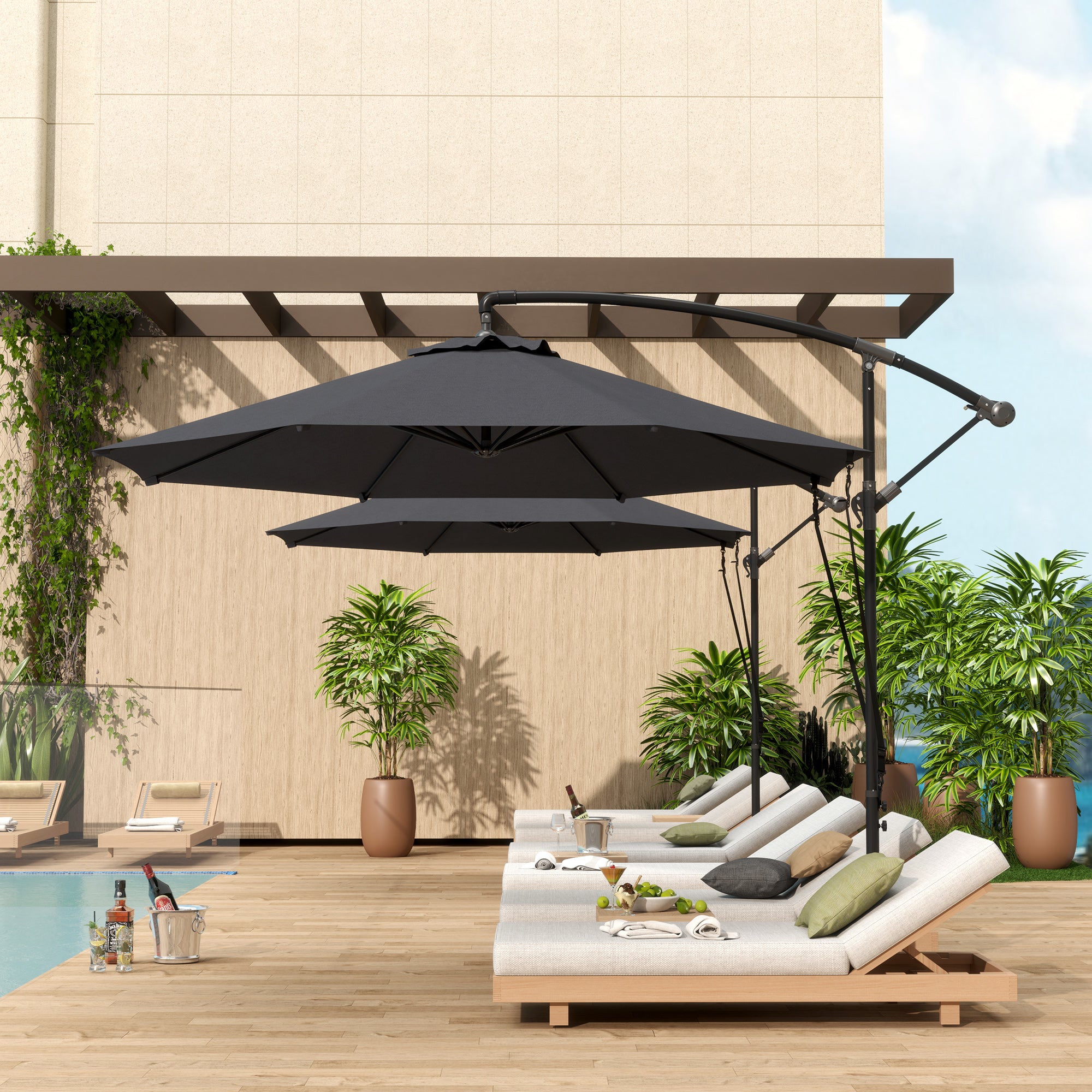 Outsunny 9.5' Cantilever Umbrella with Wind Protection Strap and Cover, Hanging Umbrella with Crank and Cross Base, UPF 50+, Grey