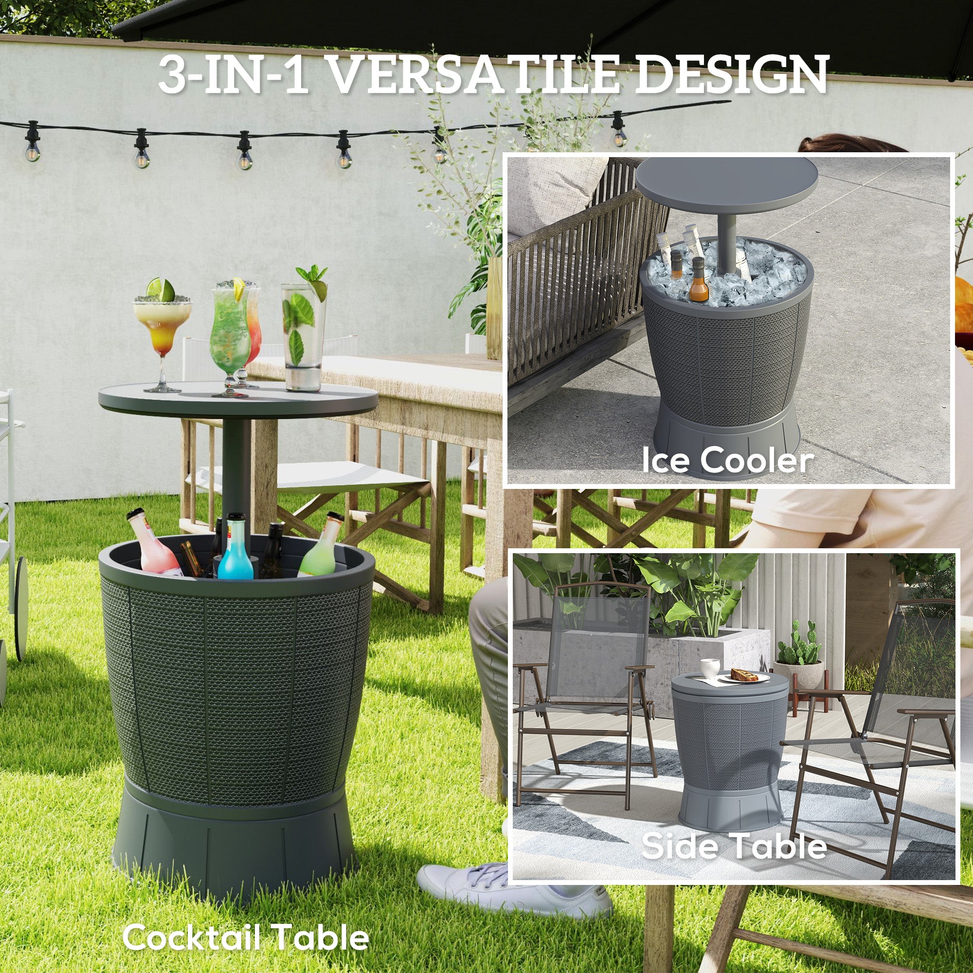 Outsunny 11 Gallon Patio Cooler Side Table, 3-in-1 Outdoor Cool Bar Table with Height Adjustable Top, Drainage Plug, Grey