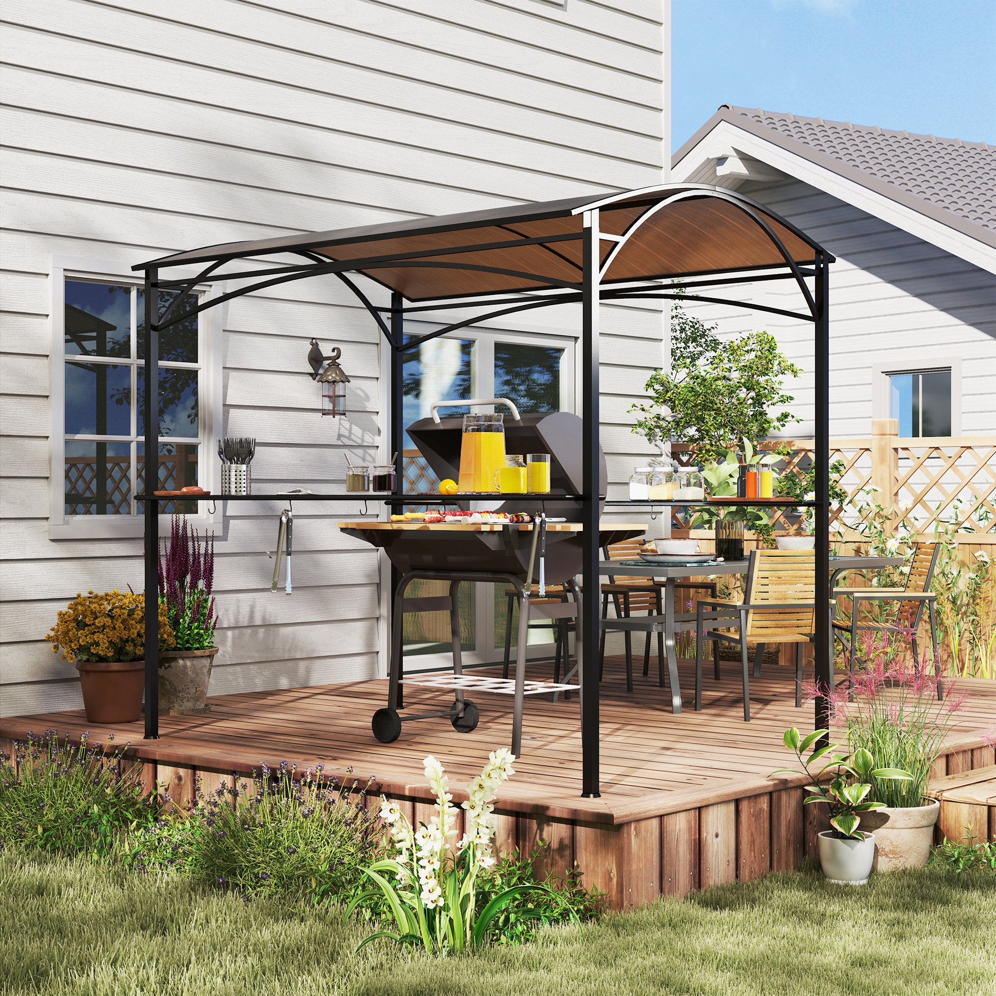 Outsunny 8' x 5' Hardtop Grill Gazebo, Outdoor BBQ Gazebo with PC Board Roof, BBQ Canopy Gazebo with 2 Side Shelves and 10 Hooks