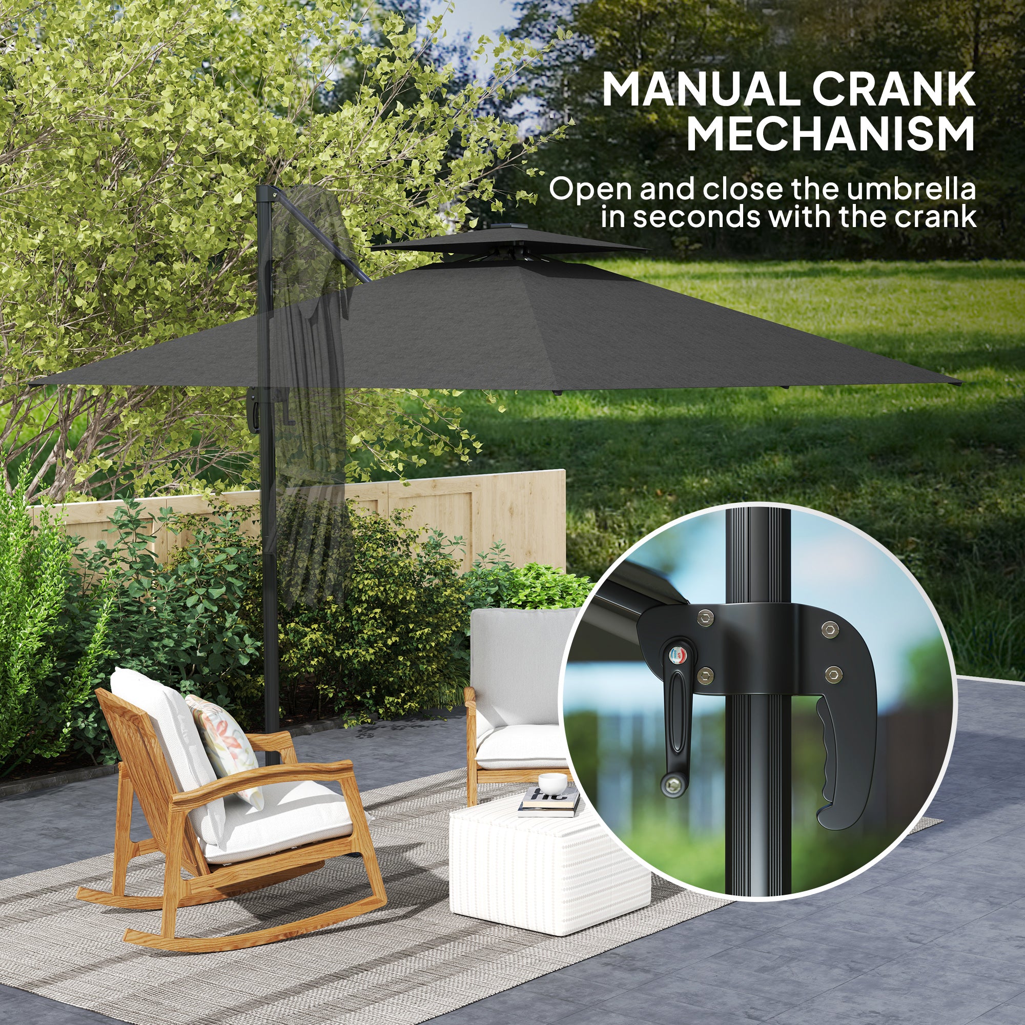 Outsunny 8' Cantilever Patio Umbrella with LED Lights, 360°Rotation, Tilt & Height Adjustment, Crank, Cross Base, Dark Grey