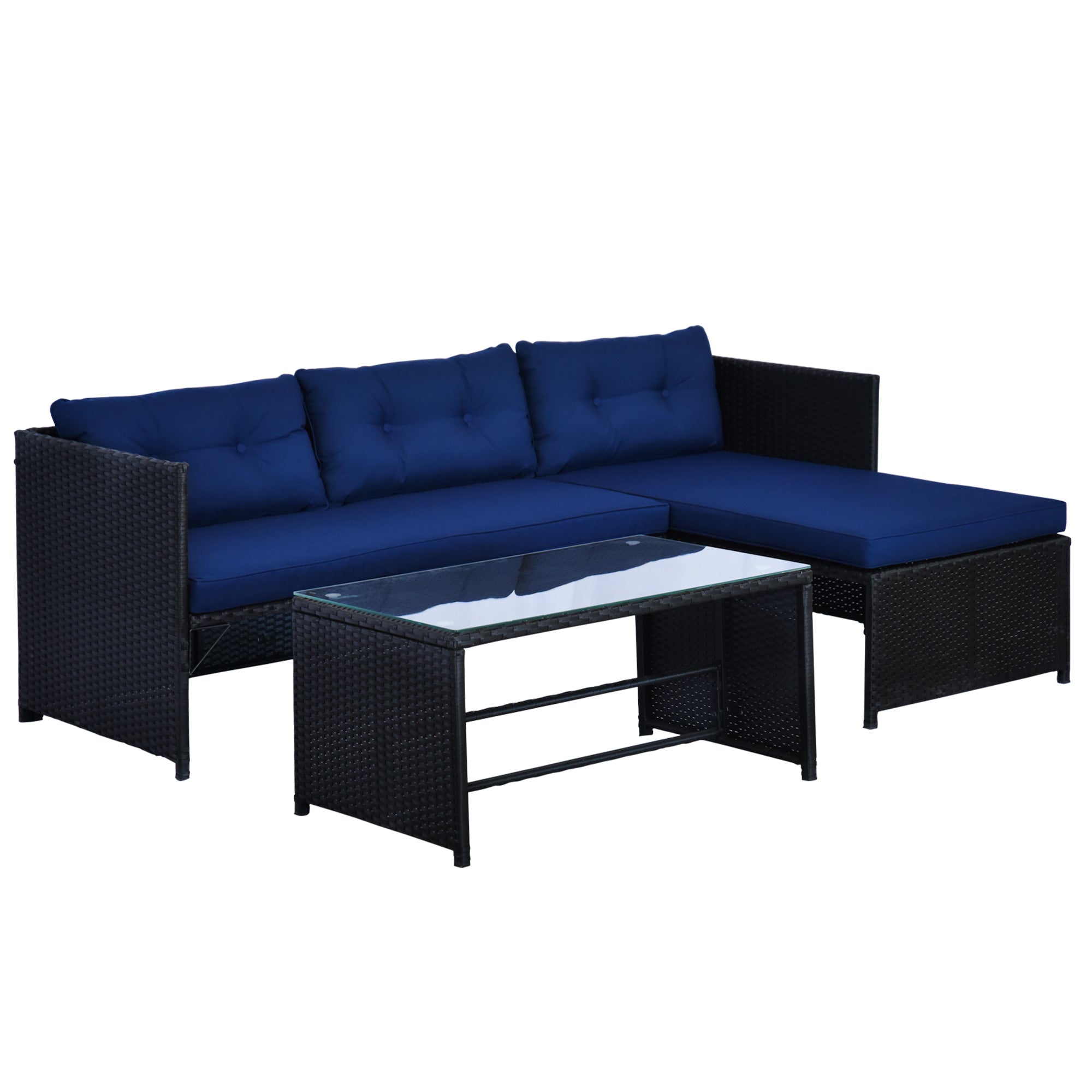 Outsunny 3pcs Outdoor Rattan Wicker Sofa and Chaise Lounge Set with Cushion Garden Patio Furniture Black and Dark Blue