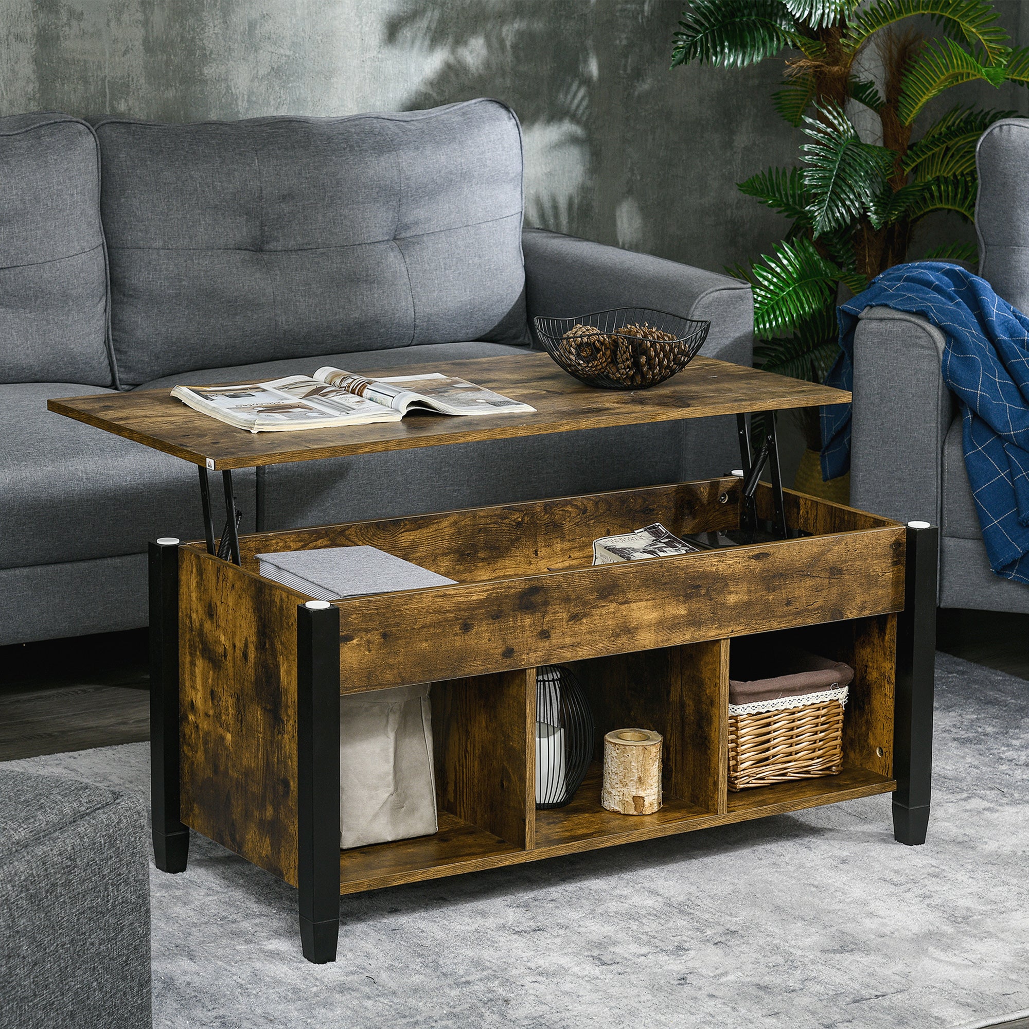 HOMCOM Lift Top Coffee Table with Hidden Storage Compartment and 3 Lower Shelves, Pop-Up Center Table for Living Room, Rustic Brown