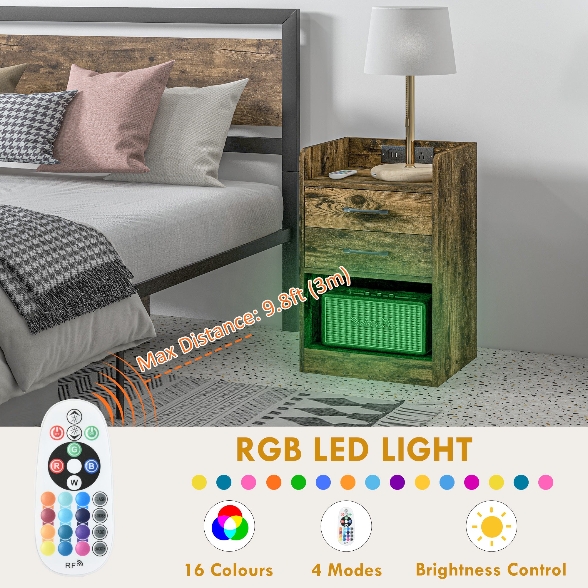 HOMCOM Tall Nightstand with Charging Station and LED Lights, Small Bedside Table with AC Outlets, USB Ports, 2 Drawers, Shelf
