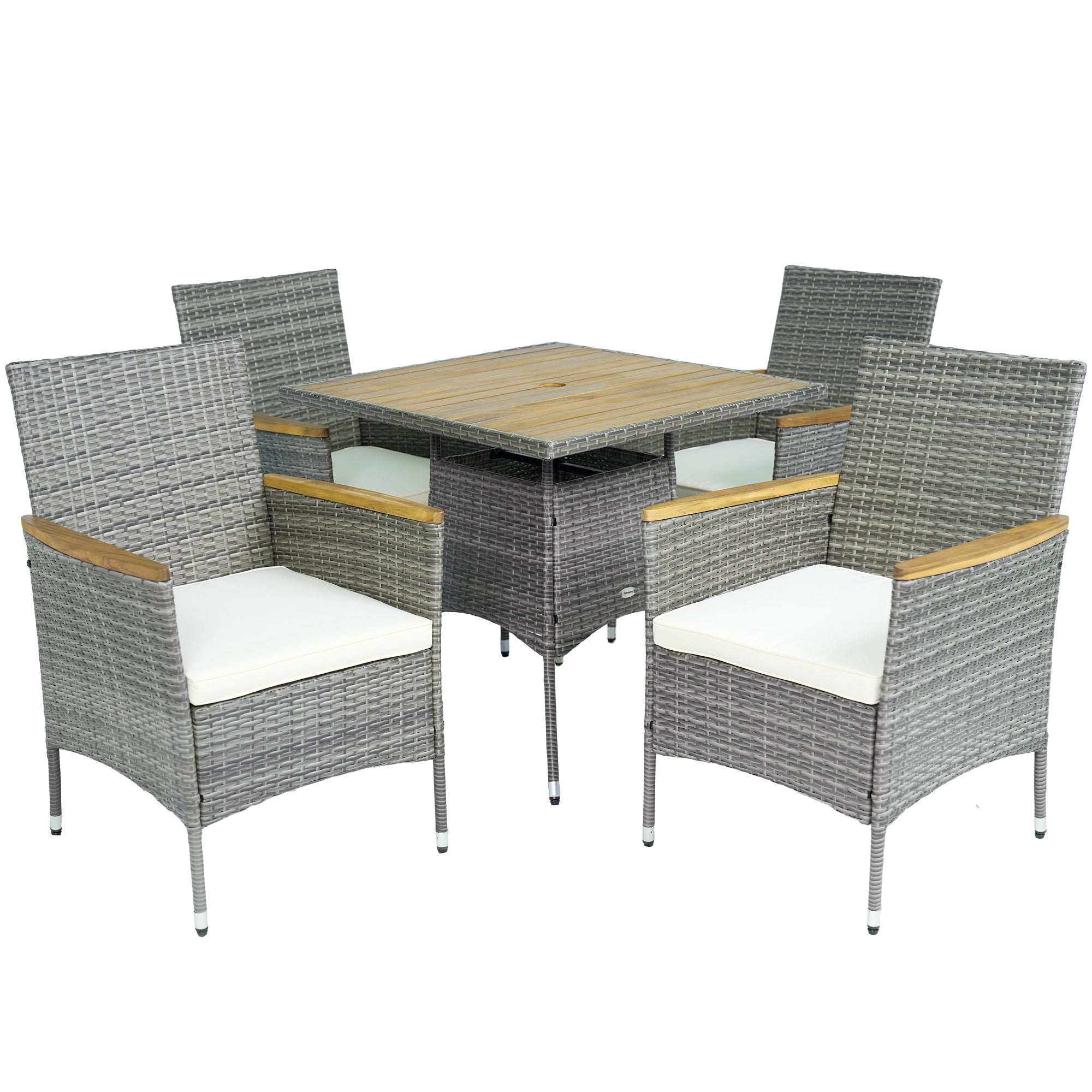 Outsunny 5 Piece Rattan Patio Dining Set with Umbrella Hole, Cushions, Outdoor Patio Table and Chairs for Garden Backyard, Teak