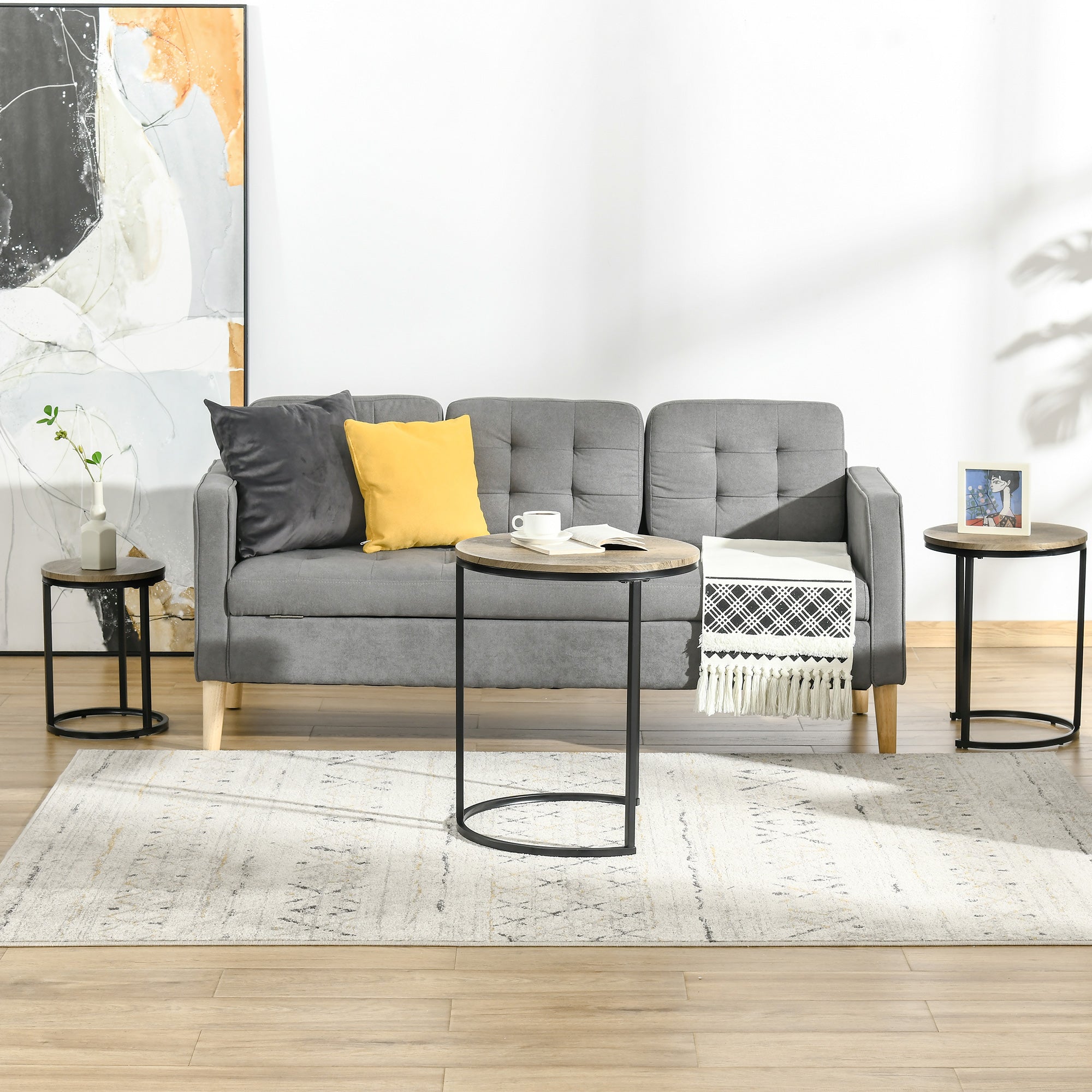 HOMCOM Nesting Tables Set of 3, Round Coffee Table, Stacking Side Tables with Steel Frame for Living Room