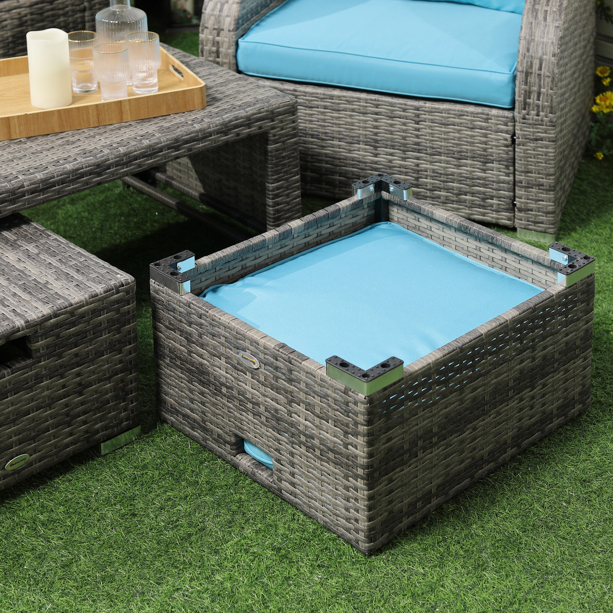 Outsunny 6 Pieces Patio Furniture Set, Conversation Set Wicker Sectional Set Cushioned Outdoor Rattan 3-Seat Sofa, 2 Adjustable Recliners, 2 Footstools & Table Set for Lawn Garden Backyard, Sky Blue