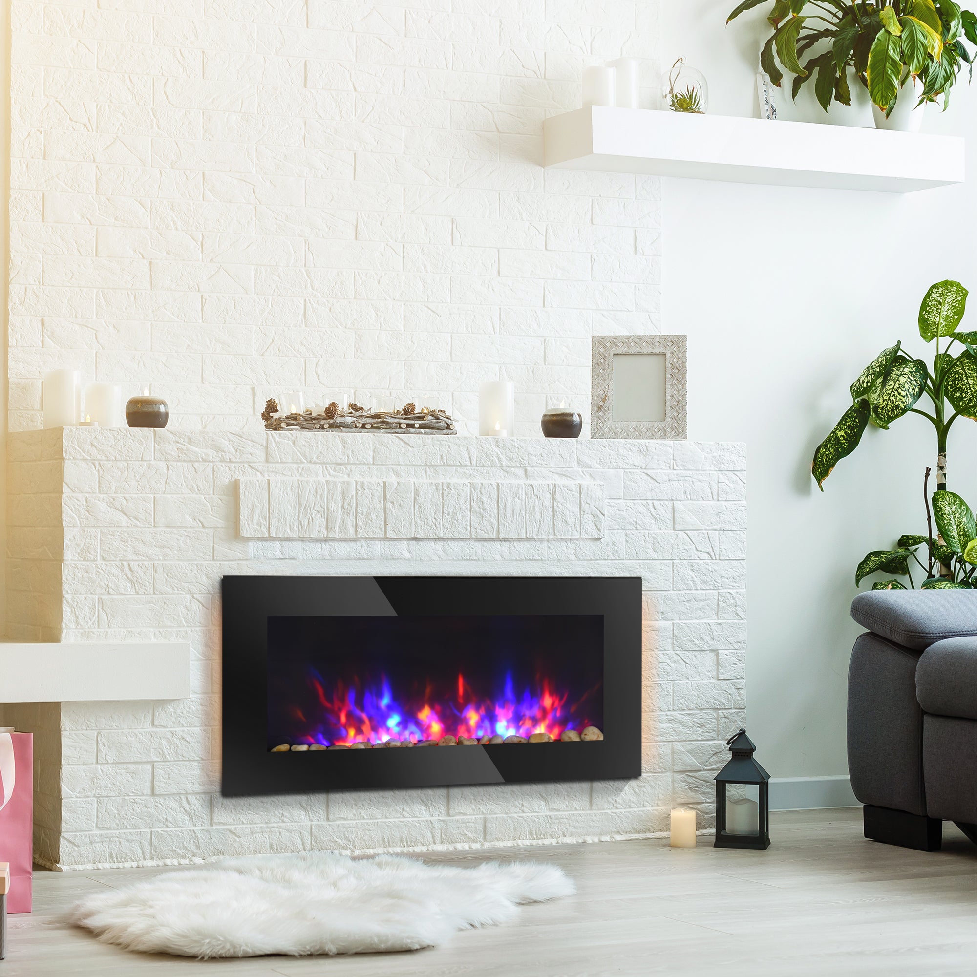 HOMCOM 36" Wall-Mounted Electric Fireplace, 750/1500W Fireplace Heater with Flame Effect, 7 Color Background Light and Side Light, Black