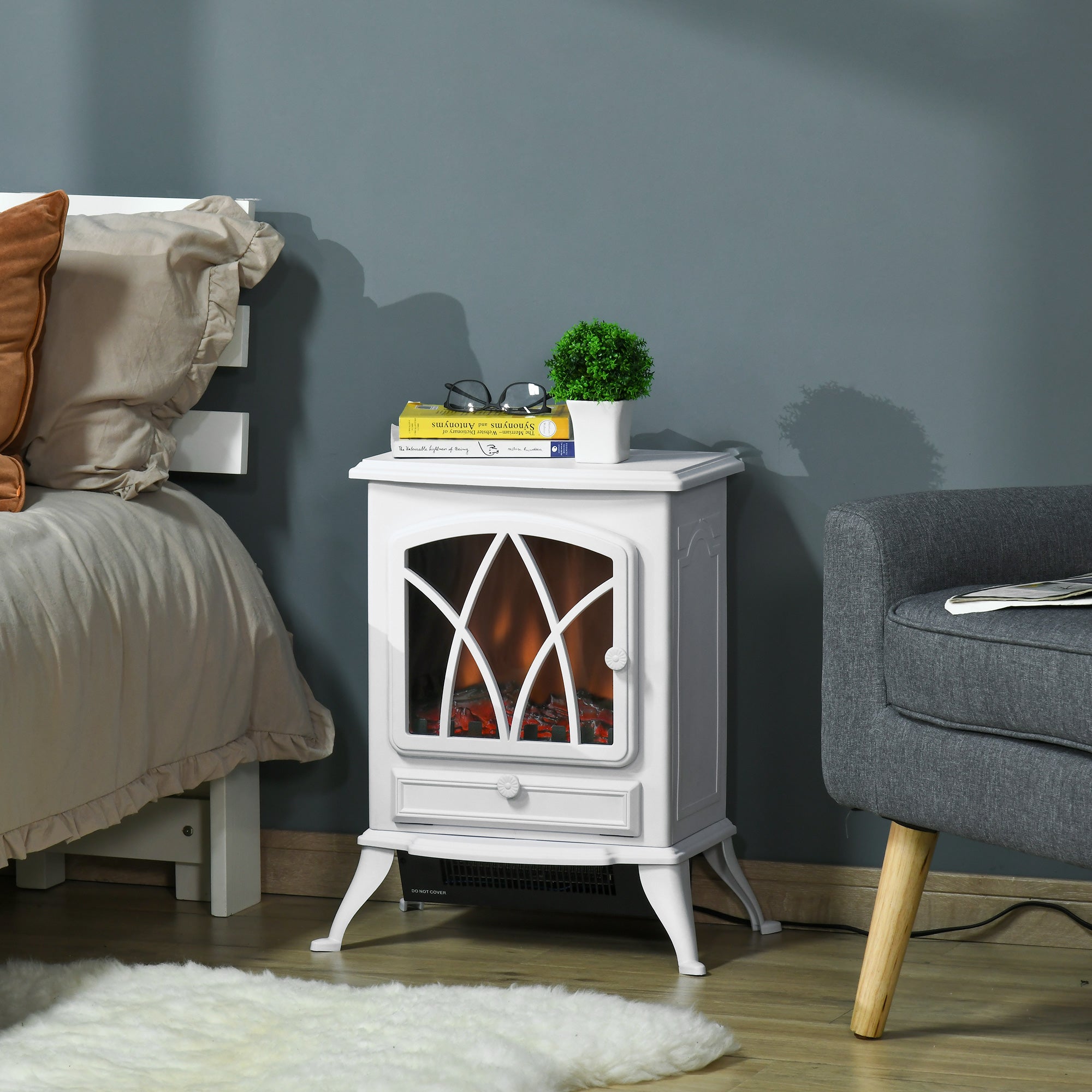 HOMCOM Free Stand Electric Fireplace Stove Heater with Adjustable LED Flame Effect and Front Door, 750W/1500W, White