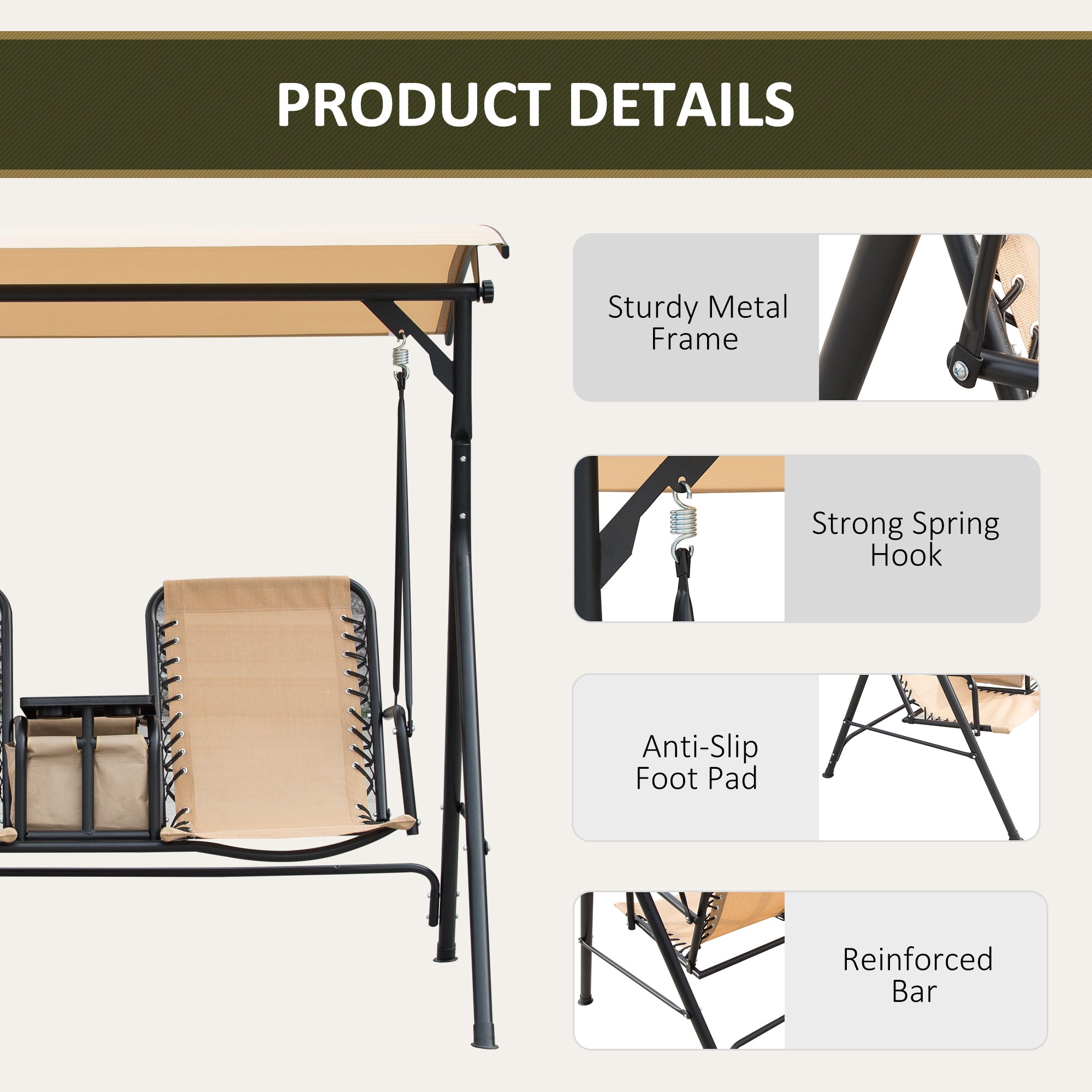Outsunny 2 Person Covered Porch Swing Patio Swing with Pivot Storage Table, Cup Holder, & Adjustable Overhead Canopy, Beige