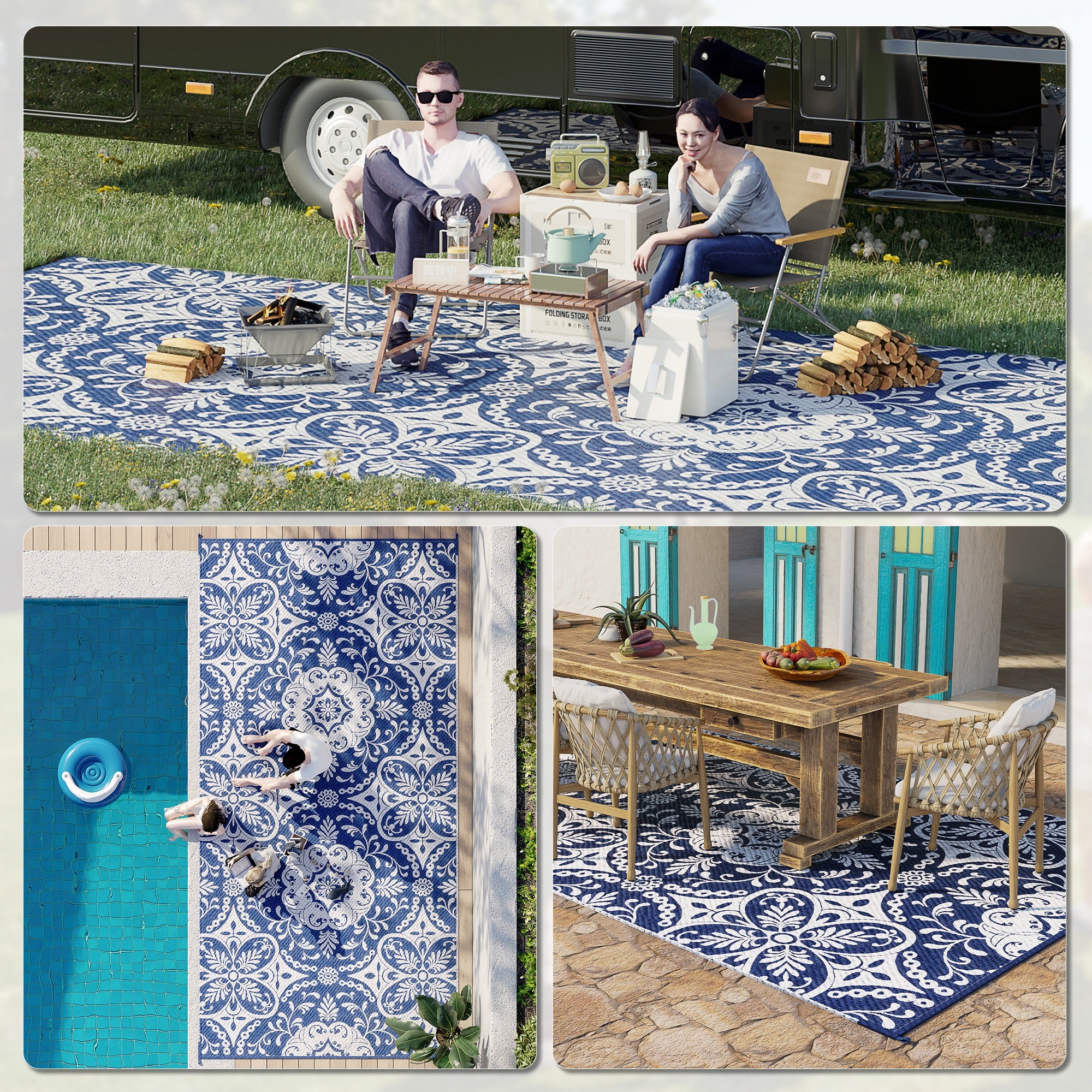 Outsunny Portable Outdoor Rug with Carry Bag, 9' x 18' Reversible Mat, Waterproof Plastic Straw RV Rug for Backyard, Deck, Picnic, Beach, Camping, Blue & White Flower