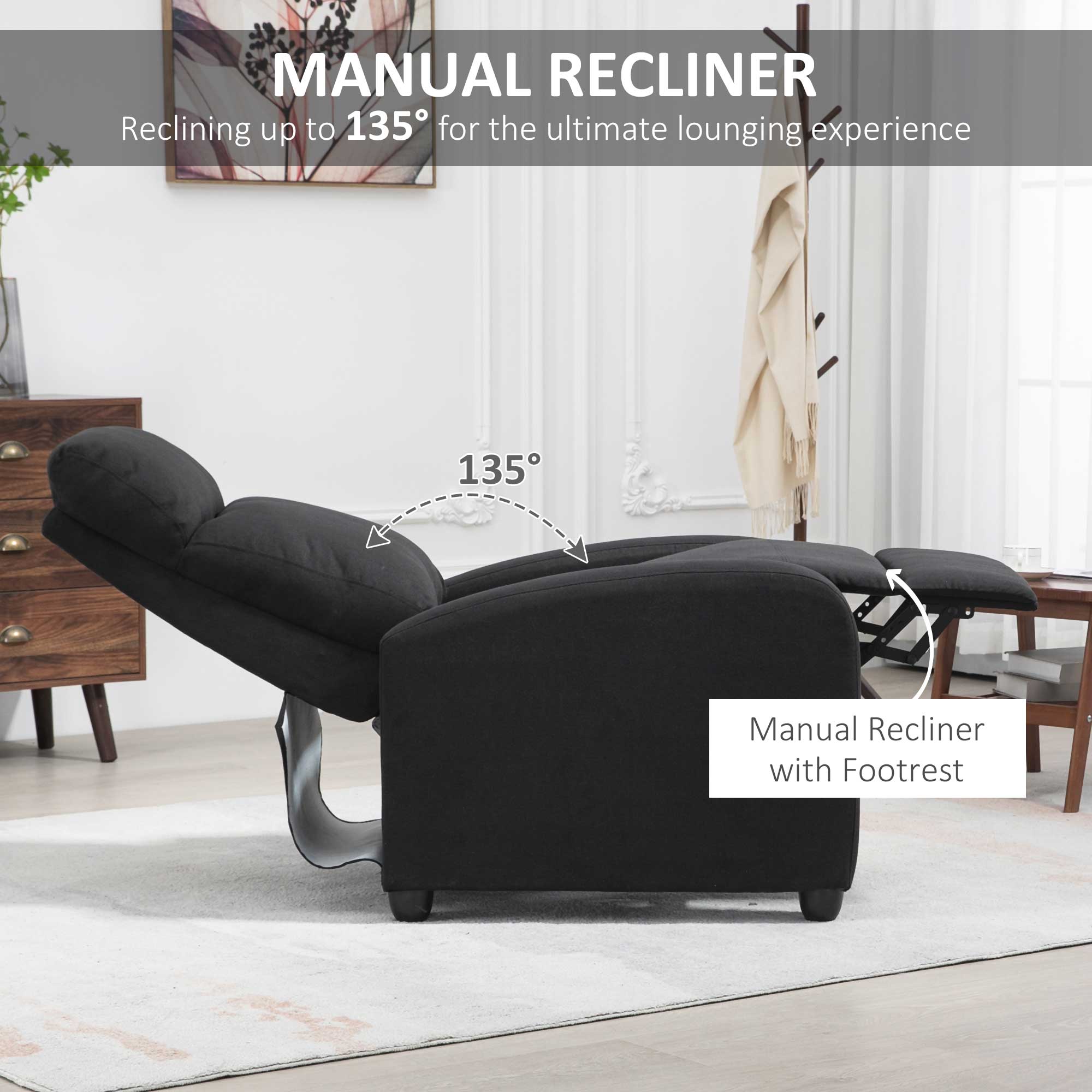 HOMCOM Fabric Recliner Chair, Manual Home Theater Seating, Single Reclining Sofa Chair with Padded Seat for Living Room, Black