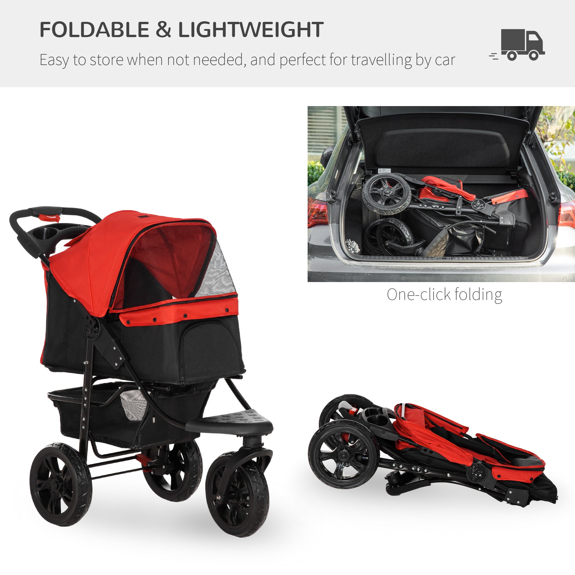 PawHut 3 Wheel Folding Dog Stroller, Jogger Travel Carrier with Adjustable Canopy, Storage Brake, Mesh Window for S&M Dogs, Red
