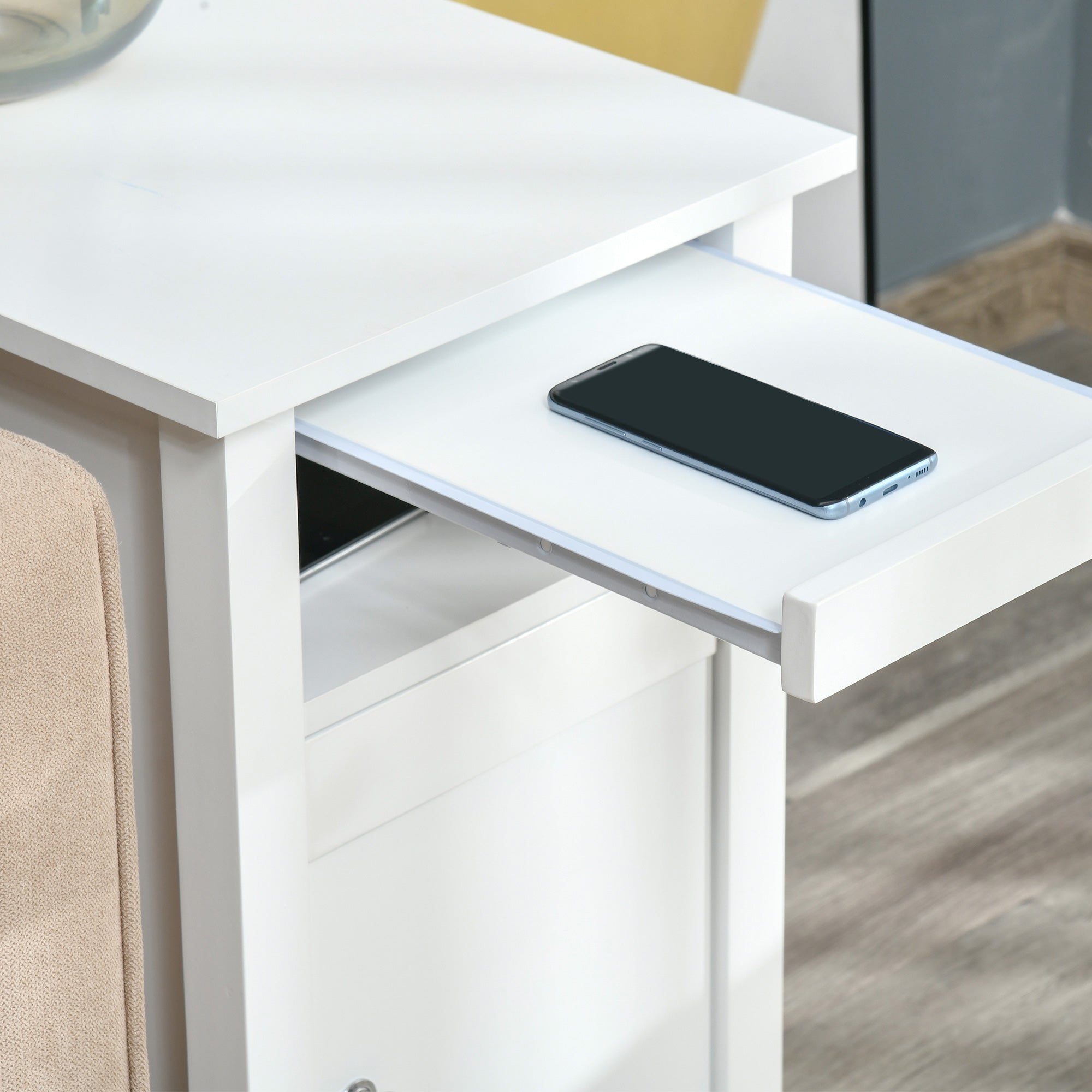 HOMCOM Wooden3-Tier Modern Nightstand with Pullout Shelf, Adjustable Open Shelf, and Door Cabinet, White