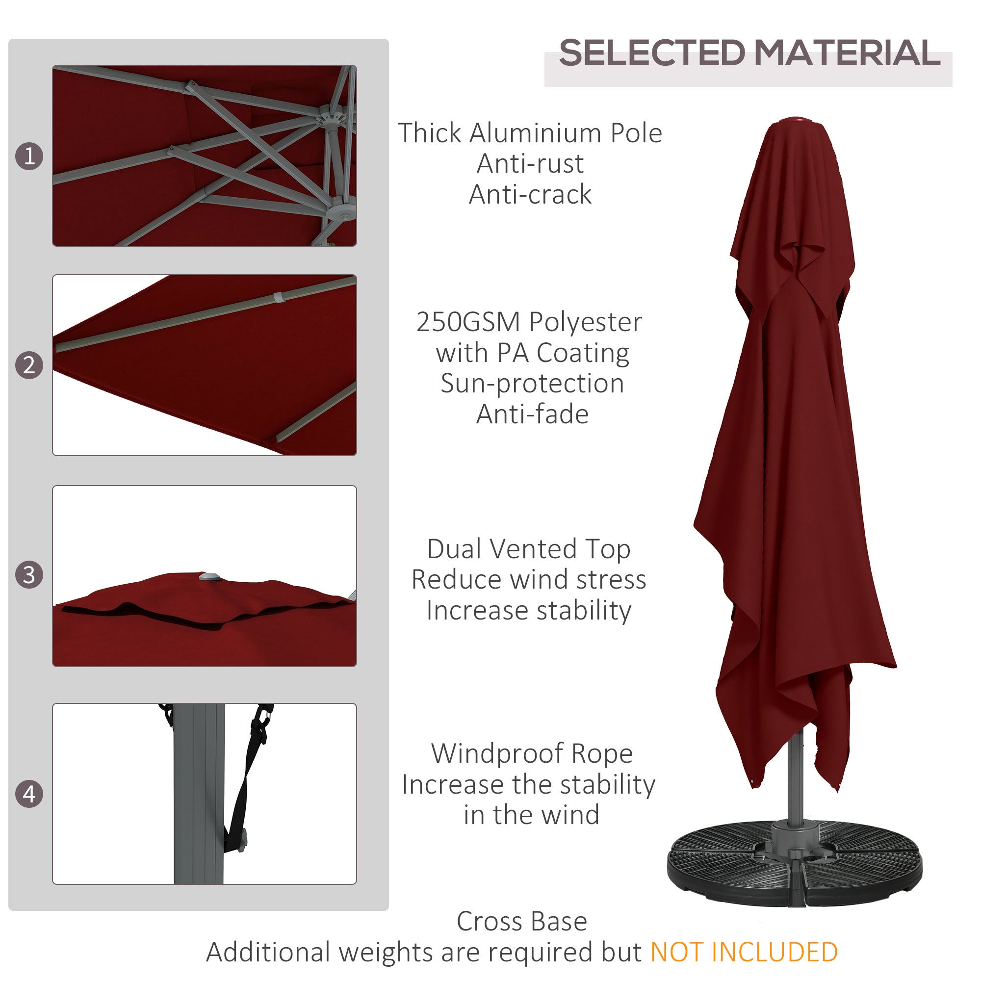 Outsunny 13 FT Cantilever Umbrella, Aluminum Hanging Offset Umbrella with 360°Rotation, Crank, Tilt, Cross Base, Red
