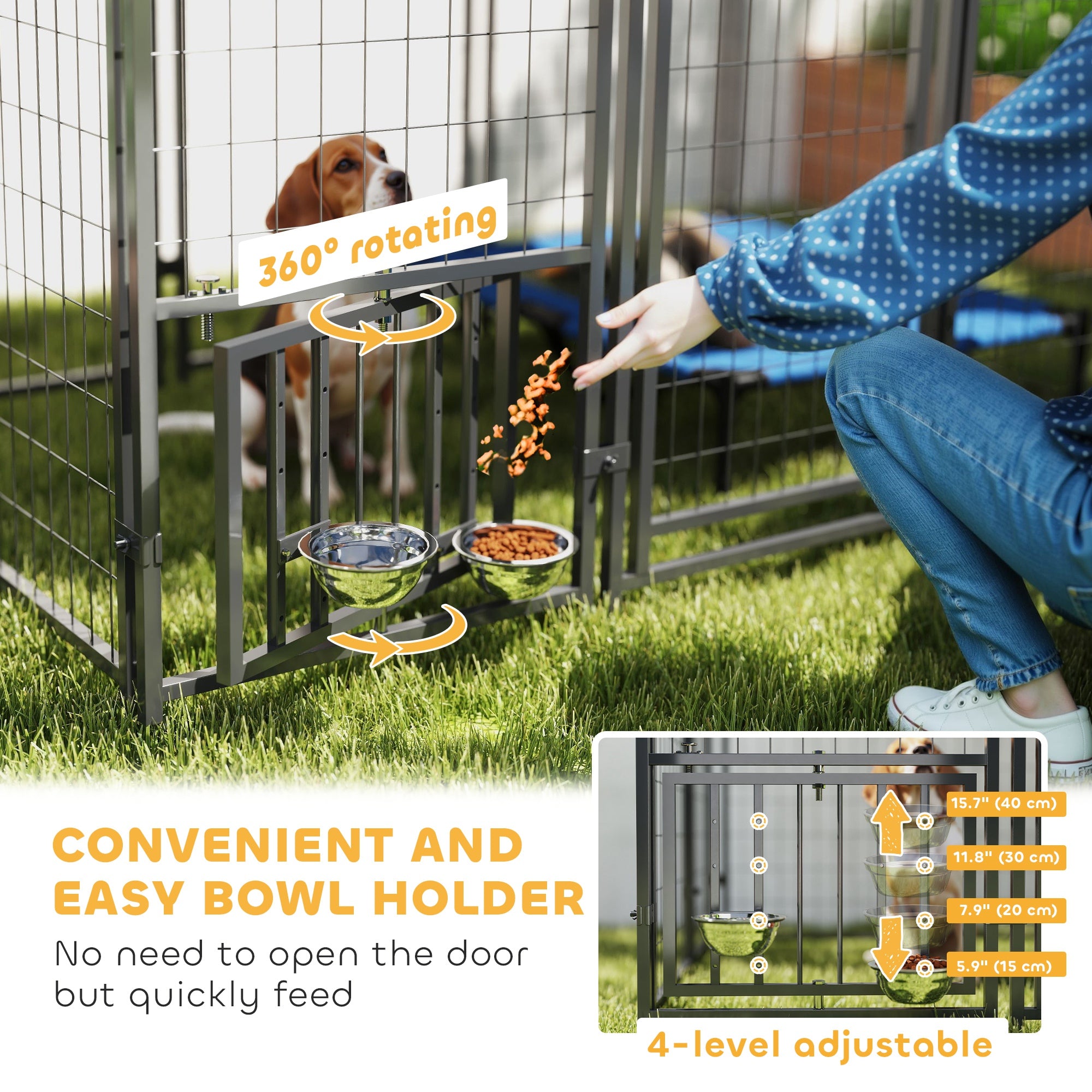 PawHut Outdoor Dog Kennel with Waterproof UV-Resistant Cover, Rotating & 4-Level Adjustable Feeding Bowls, 5.9 x 5.9 x 6 ft