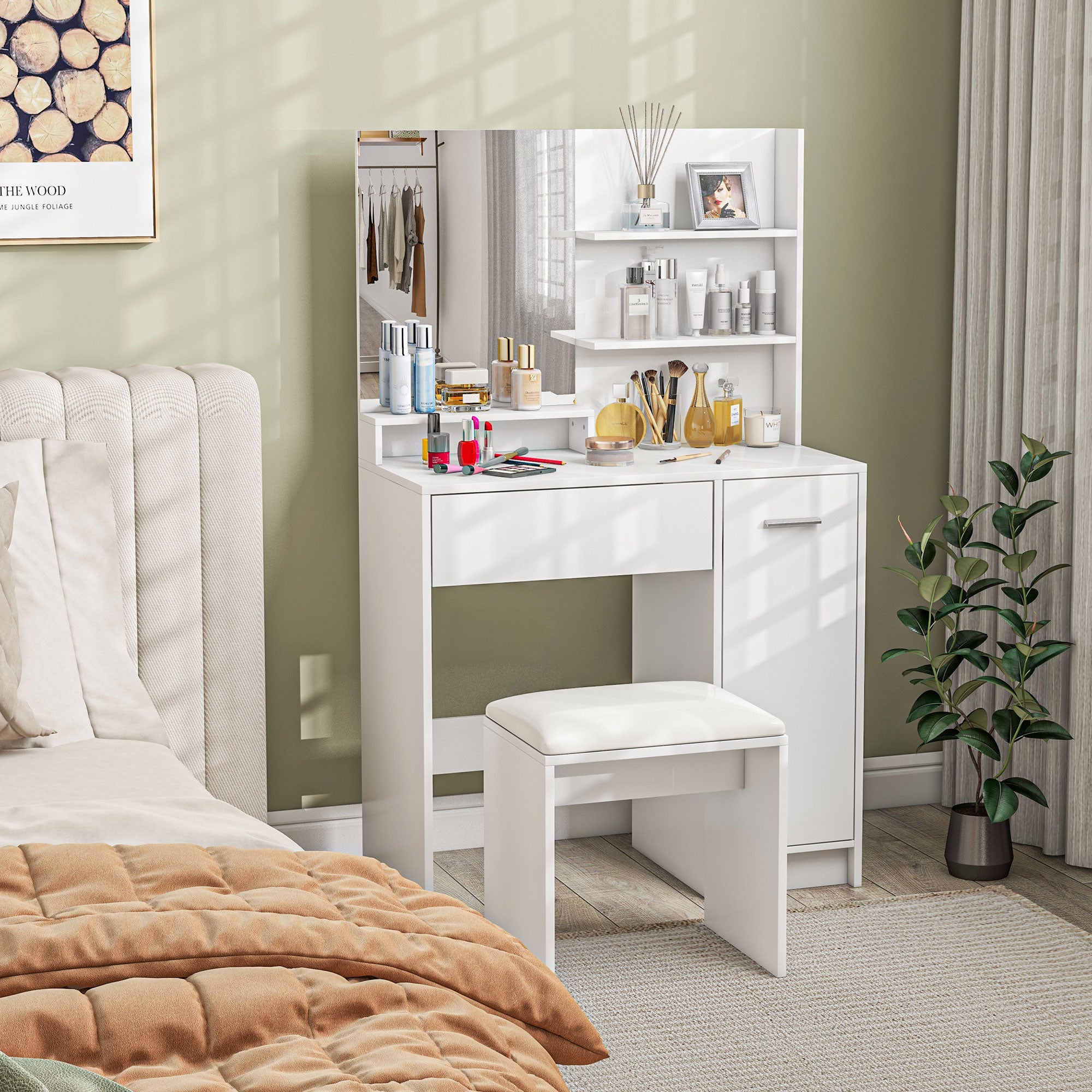 HOMCOM Vanity Set with Mirror and Stool, Makeup Vanity Table with Storage Drawer, Cabinet, Adjustable Shelf for Bedroom, White