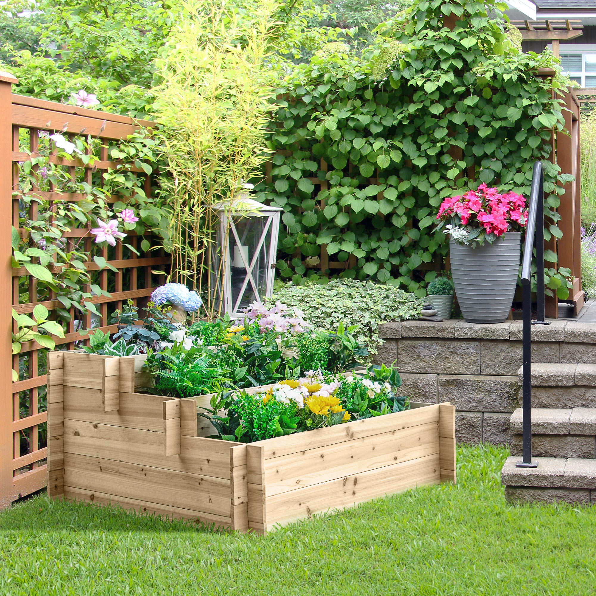 Outsunny 3-Tier Wood Raised Garden Bed, Elevated Planting Box, Outdoor Vegetable Flower Container, Herb Garden Indoor Kit, Natural