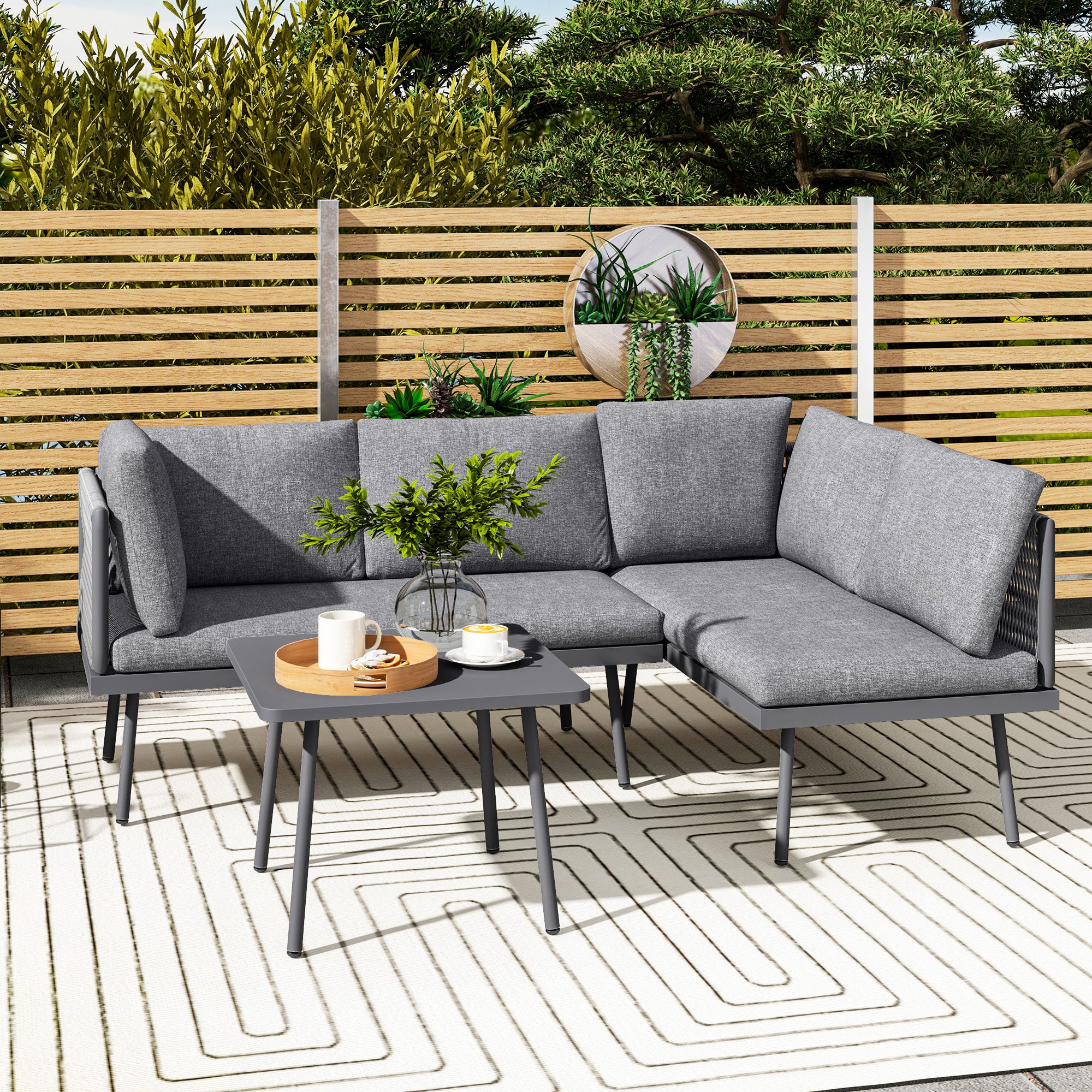 Outsunny 3 Pieces Outdoor Furniture Set, L Shaped Wicker Patio Furniture Conversation Set with Cushions, Steel Table, Grey