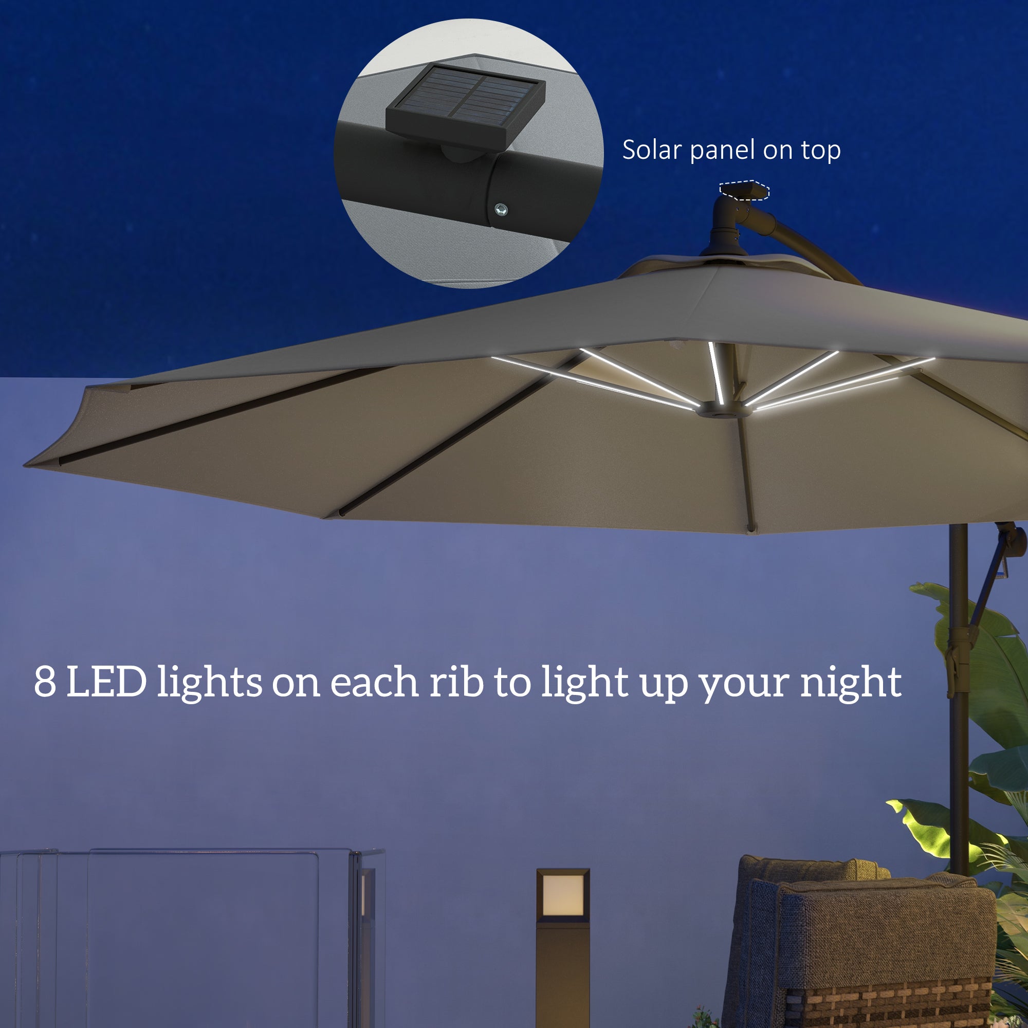 Outsunny 10ft Outdoor Cantilever Hanging Offset Umbrella with Solar LED Lights, Crank, Cross Base, Aluminum Frame, Grey