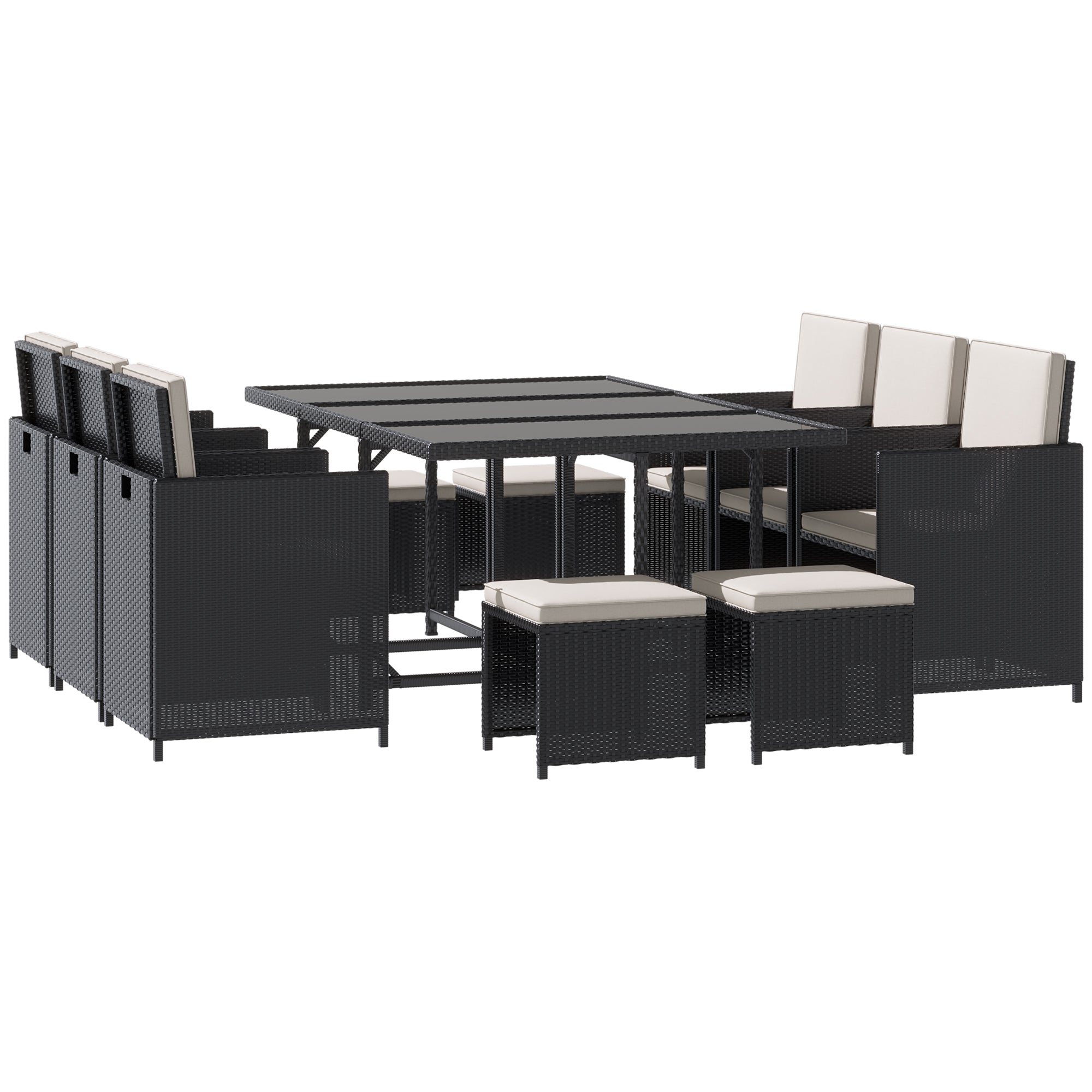 Outsunny 11 Pieces Wicker Patio Dining Set, Space-saving Outdoor Furniture Set with Removable Cushions, Glass Top Dining Table, 6 Armchairs, 4 Ottomans, PE Rattan Conversation Set