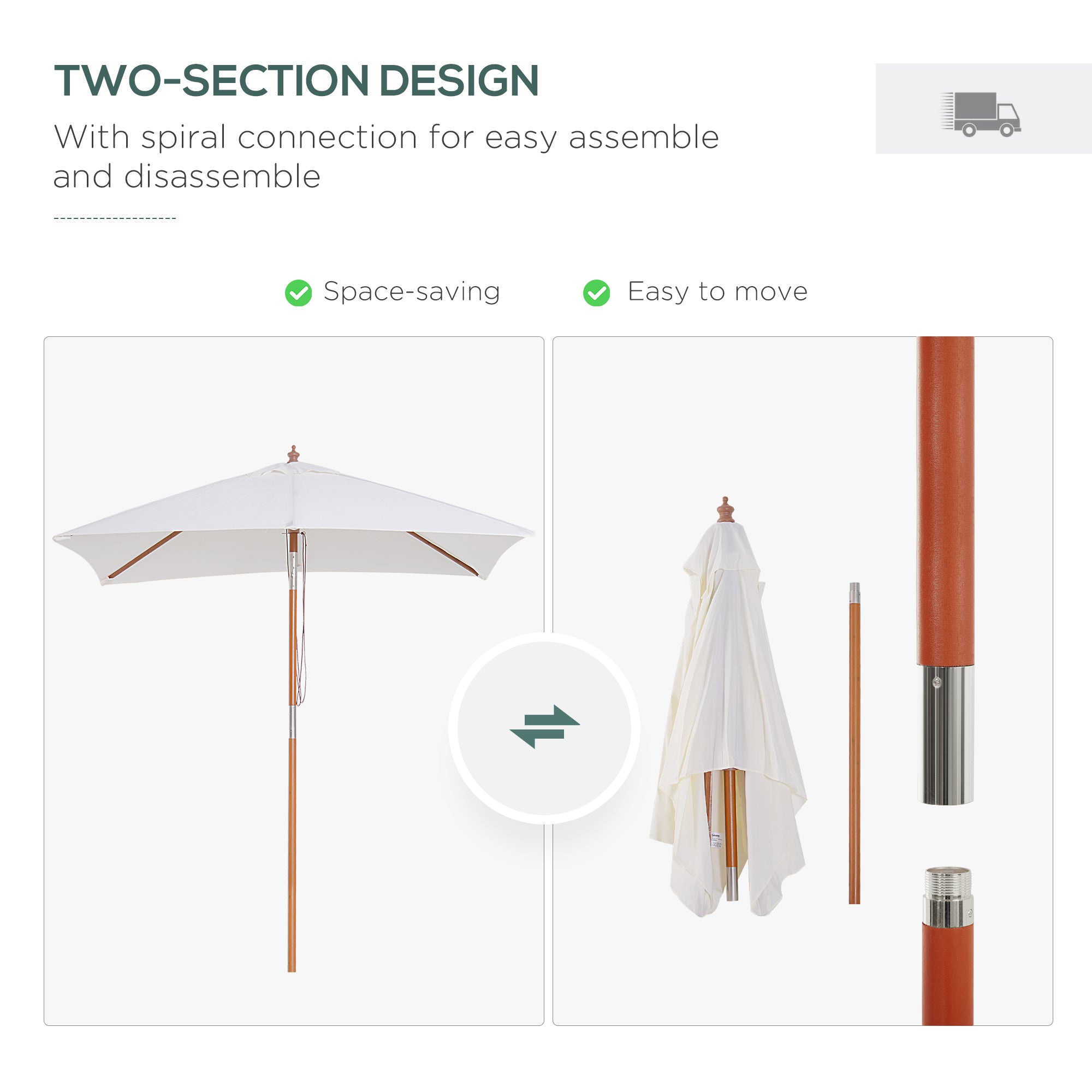 Outsunny 6.6x5ft Fir Wooden Patio Umbrella Square Market Parasol Tilt Mechanism 6 Ribs Garden Sunshade, Cream White