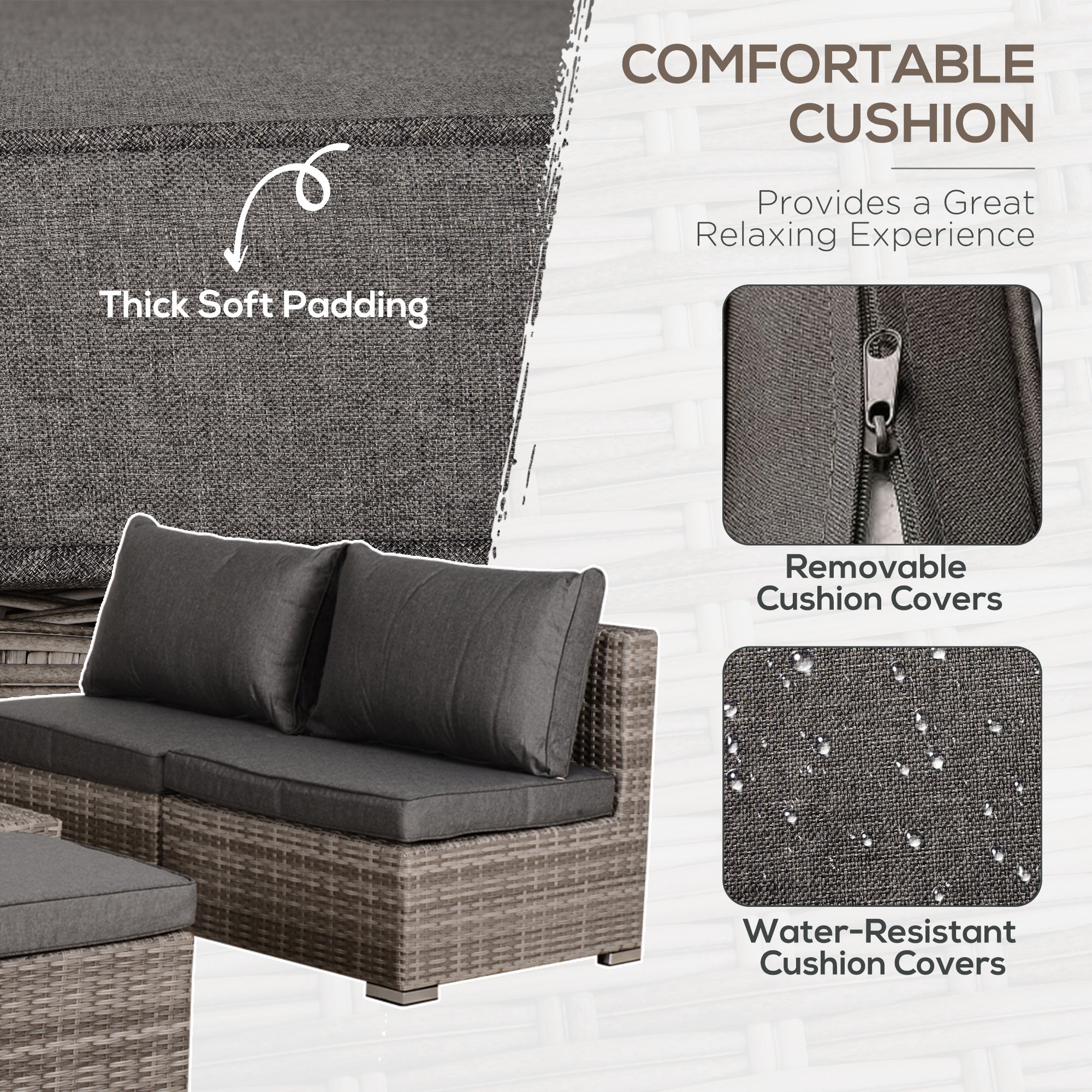 Outsunny 8 Pieces Patio Furniture Set, Outdoor Wicker Rattan Sofa Set Yard Conversation Seat Tea Table and Footstool Garden Patio Furniture w/ 2 Set Cushion Cover Grey & Orange