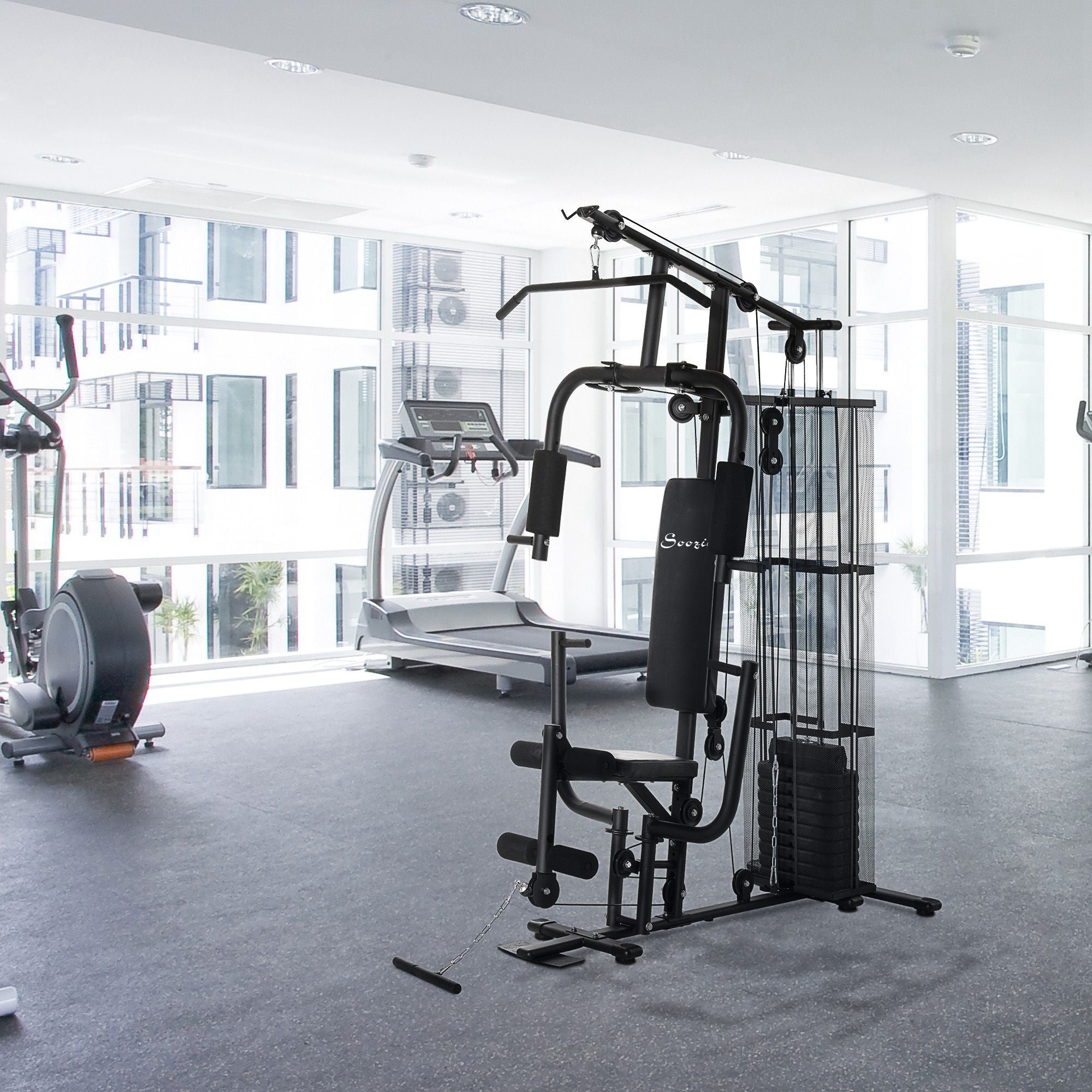 Soozier Home Gym, Multifunction Gym Equipment Workout Station with 100Lbs Weight Stack for Lat Pulldown, Leg Extensions, Preacher Bicep Curls, Triceps Pulldowns, Chest Press, Black