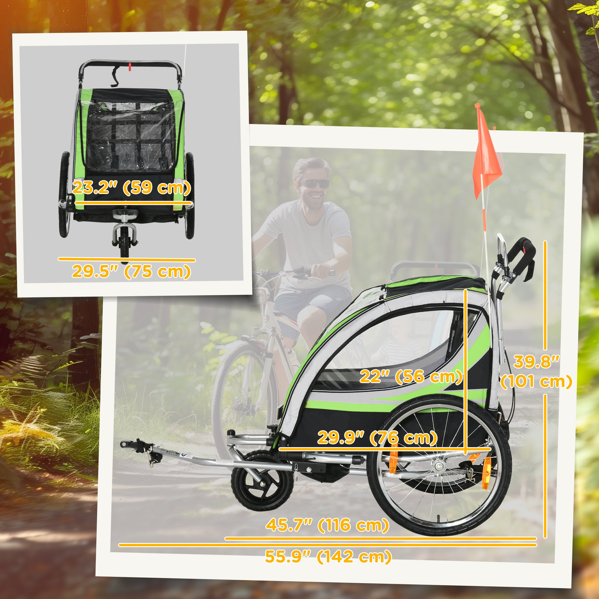 Aosom 2-in-1 Double Baby Jogging Stroller, Bike Trailer for Kids & Toddlers with Handbrake, 5 Point Harness, Waterproof Cover, Storage Bag, Safety Flag, Reflectors, Green