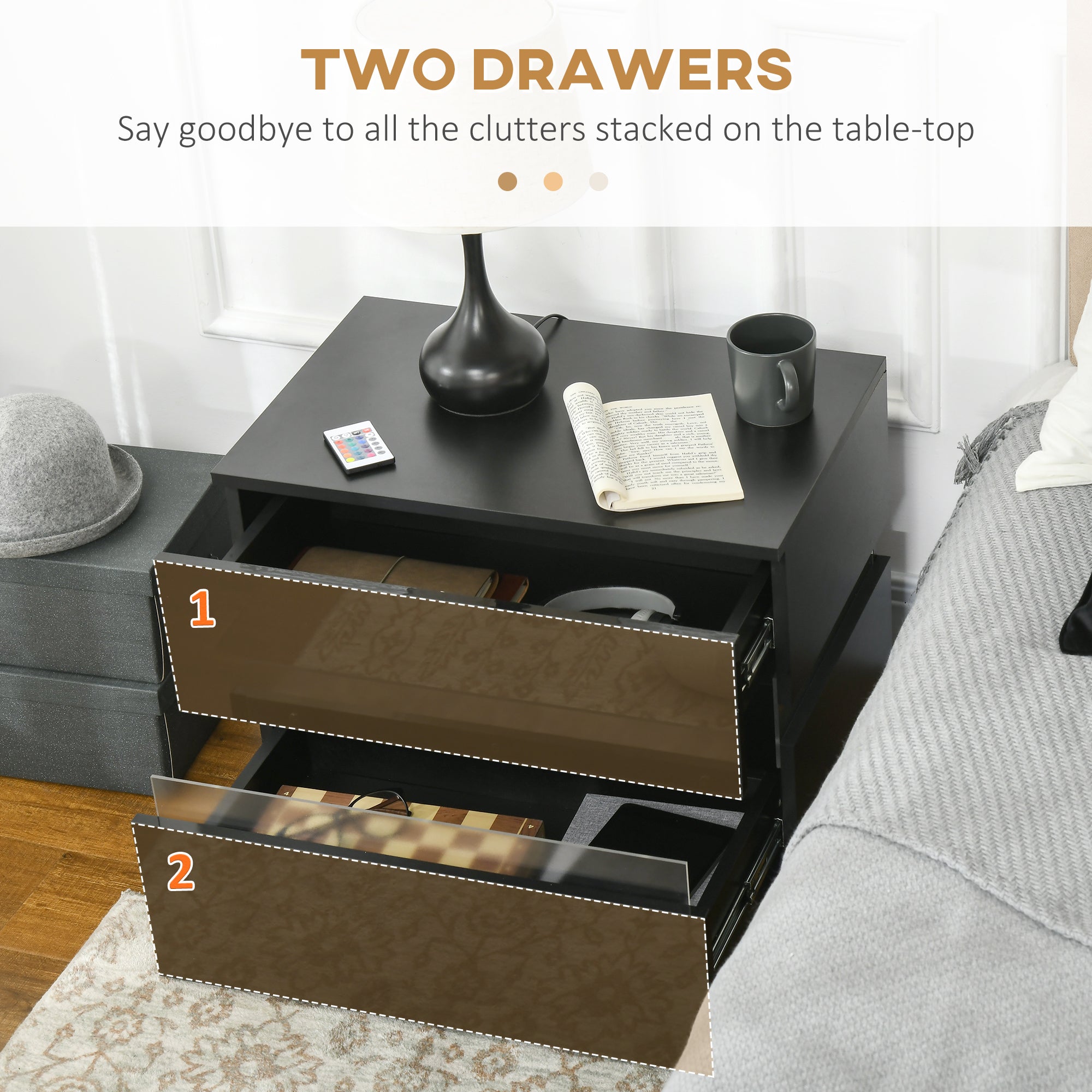 HOMCOM Modern Nightstand, Bedside Table with 2 Drawers, USB Powered RGB LED Lights, Remote for Bedroom, Black