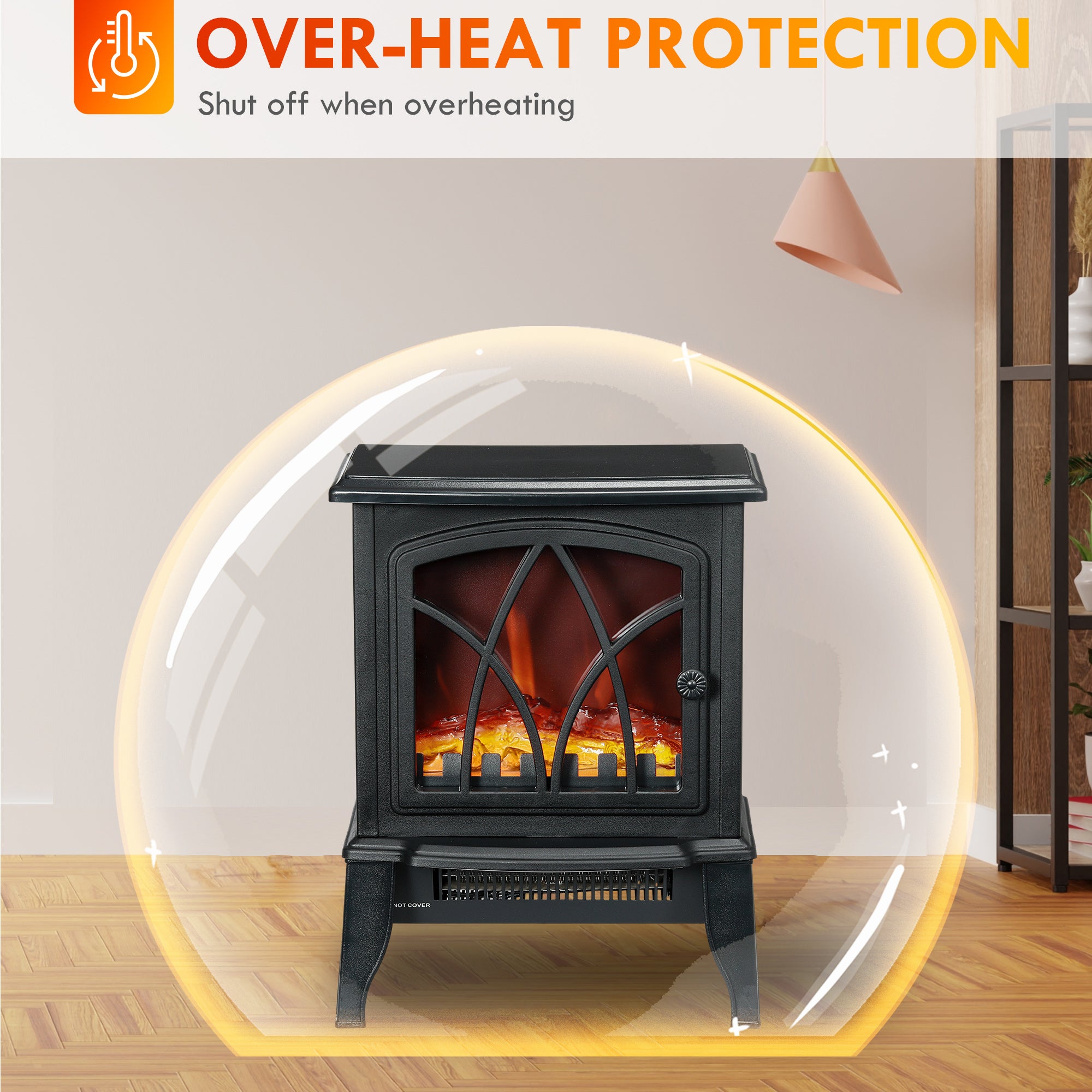 HOMCOM Electric Fireplace Heater, Freestanding Fireplace Stove with Realistic Flame and Overheat Protection, 750W/1500W, Black