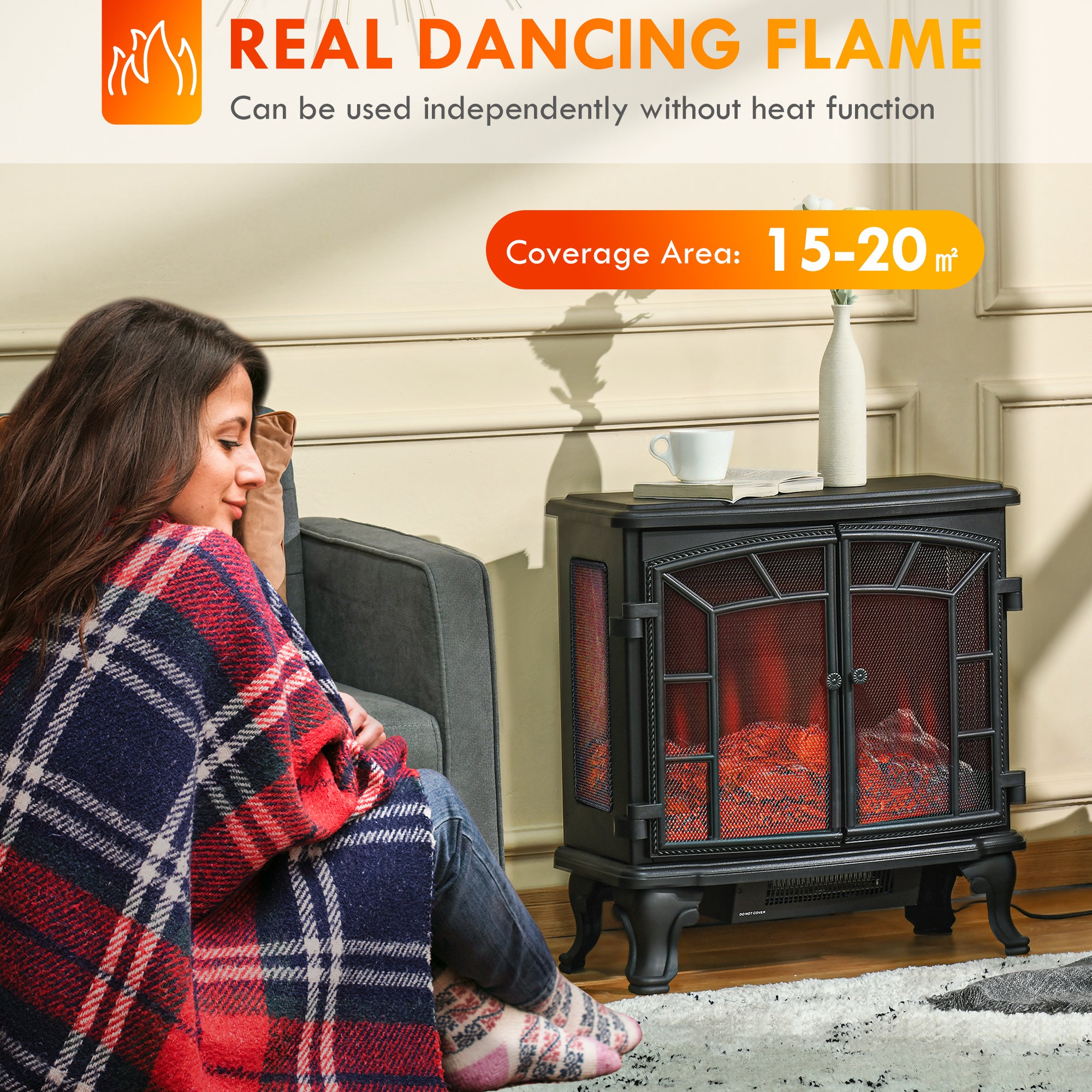 HOMCOM Electric Fireplace Heater, Freestanding Fireplace Stove with Realistic Flame Effect, Timer, Overheating Protection, 750W/1500W, Black