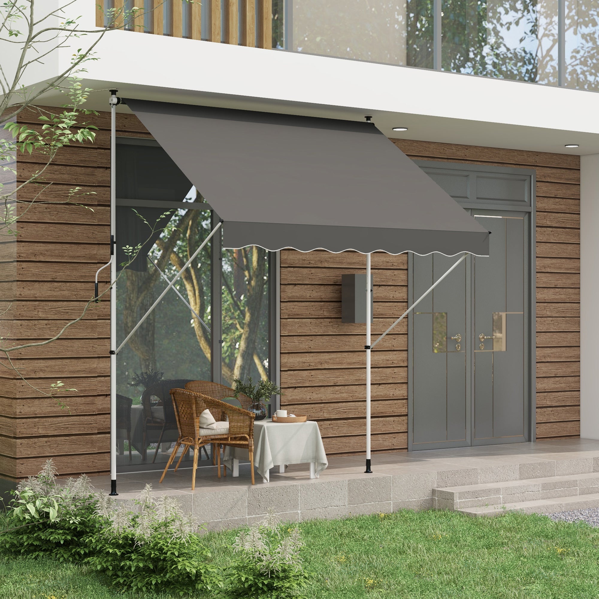 Outsunny 10x5ft Manual Retractable Awning, Patio Sun Shade Canopy Shelter with 5.6-9.2ft Support Pole, Water Resistant UV Protector, for Window, Door, Porch, Deck, Grey