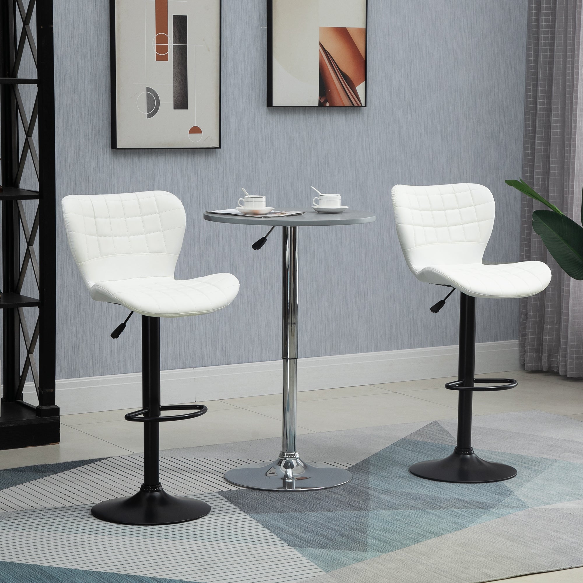 HOMCOM Bar Stools Set of 2 Adjustable Height Swivel Bar Chairs in PU Leather with Backrest & Footrest, White