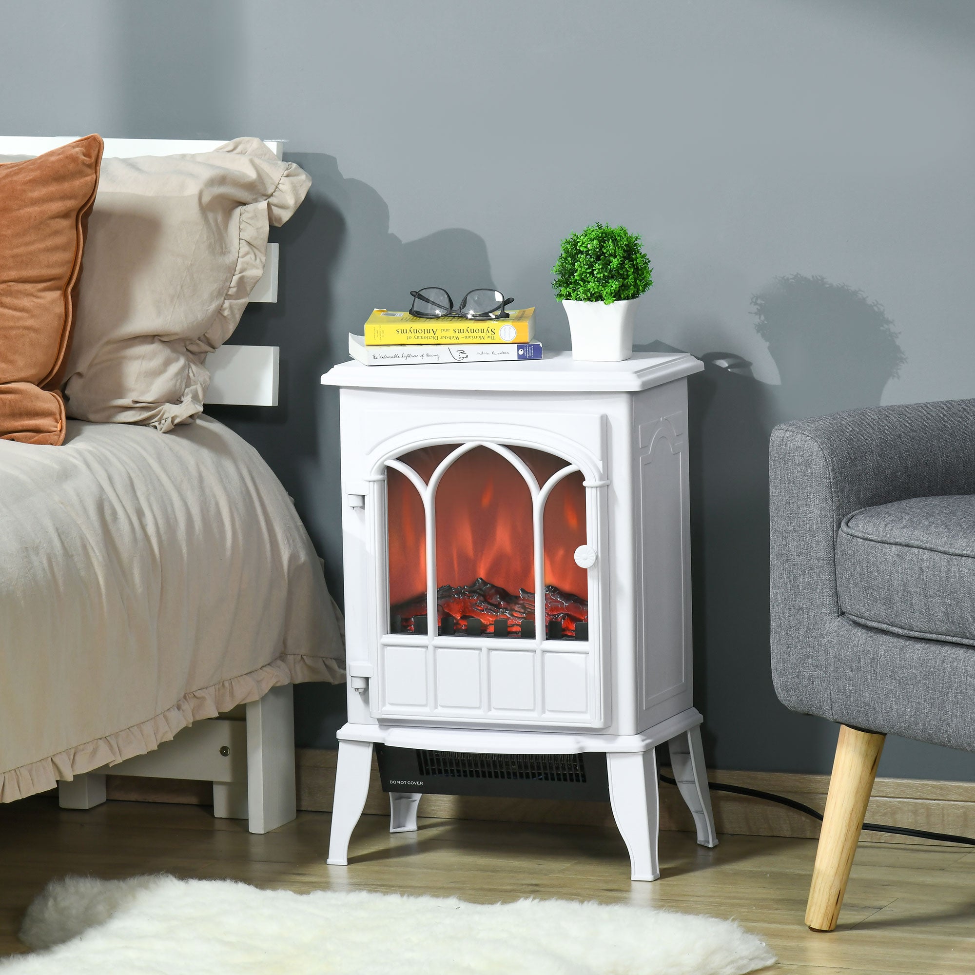 HOMCOM Electric Fireplace Stove, Freestanding Fireplace Heater with Realistic Flame, Adjustable brightness, Overheating Safety System, White