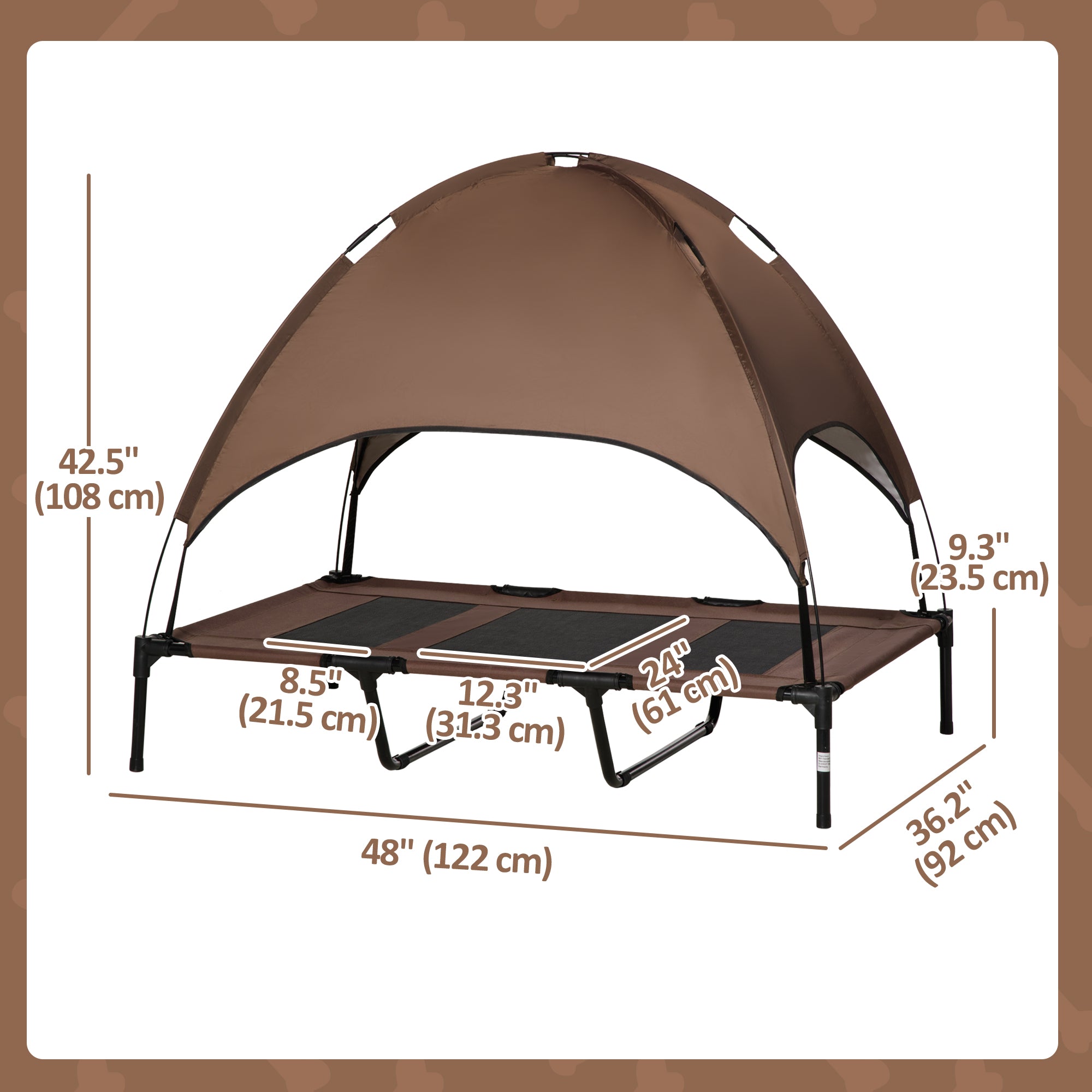 PawHut Elevated Dog Bed with Canopy, Portable Raised Dog Cot for XL Sized Dogs, Indoor & Outdoor, 48" x 36" x 43", Coffee