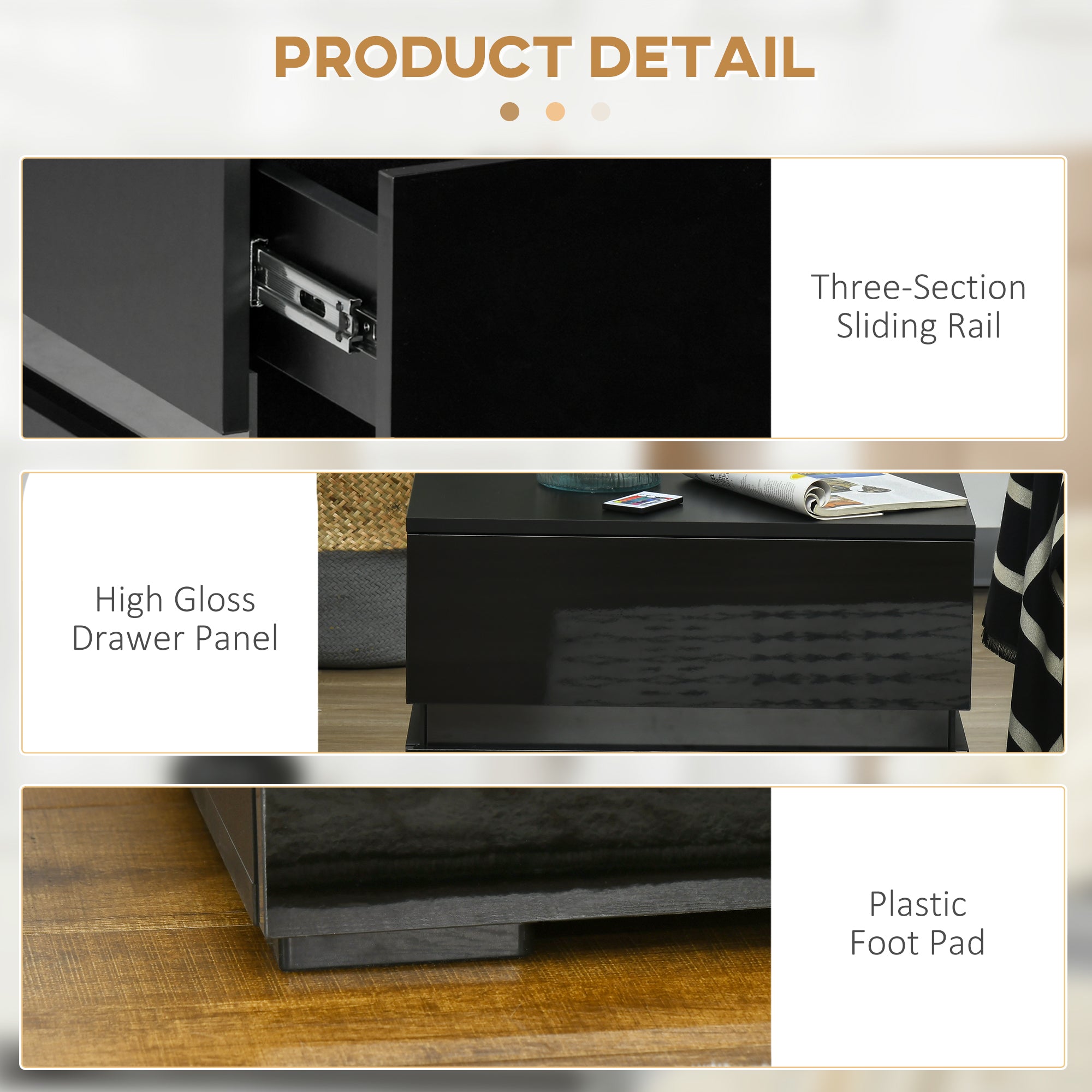 HOMCOM Modern Nightstand, Bedside Table with 2 Drawers, USB Powered RGB LED Lights, Remote for Bedroom, Black