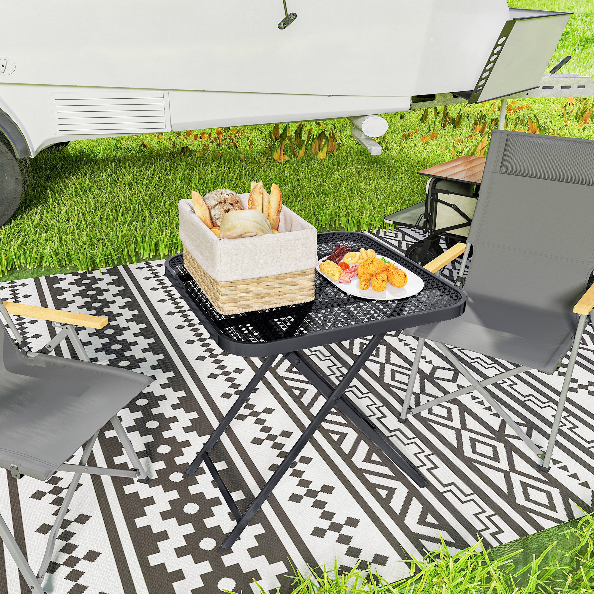 Outsunny 27.5" Square Outdoor Patio Table, Outdoor Folding Table with Grid Rattan-Like Top for Camping, Picnic, Black