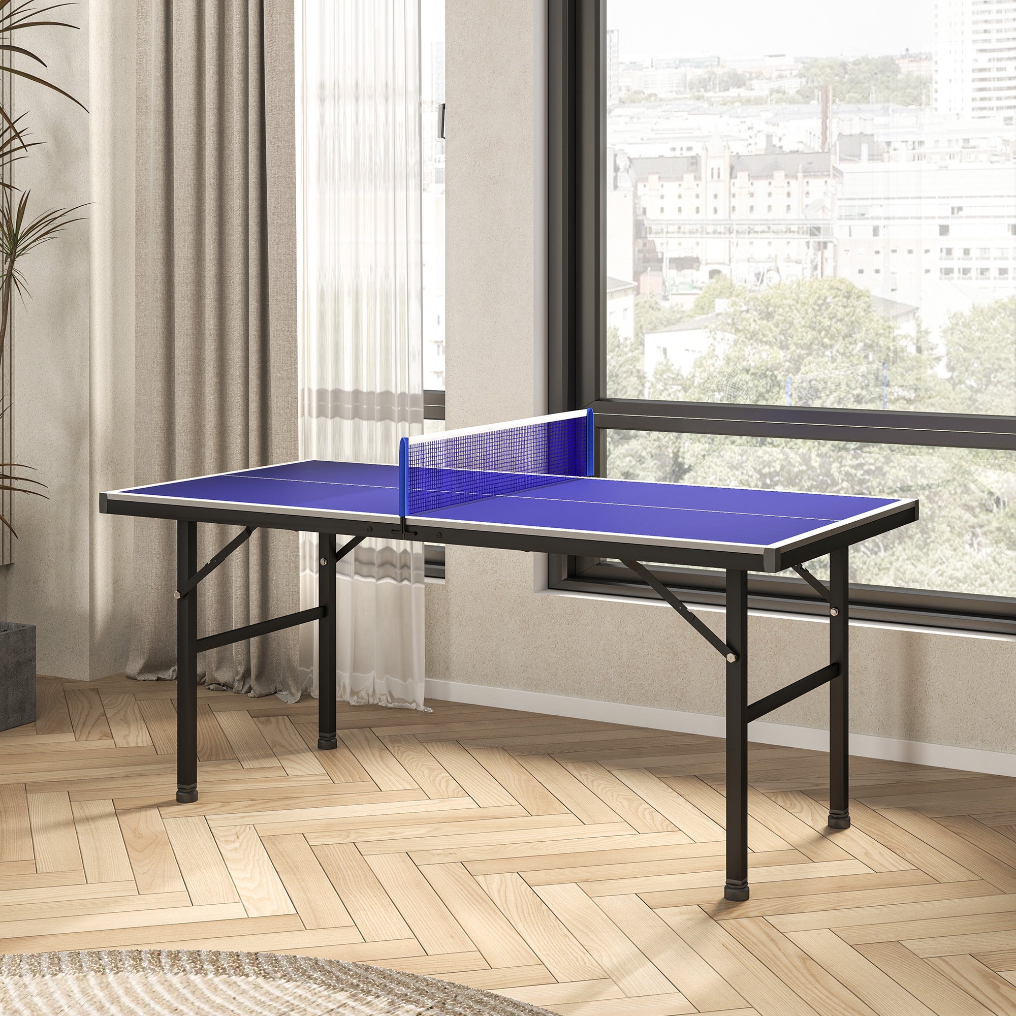 Soozier 5' x 2.5' Mini Ping Pong Table with Professional UV Treated Tabletop, Foldable Table Tennis Table with Adjustable Feet and Net for Outdoor and Indoor, Blue