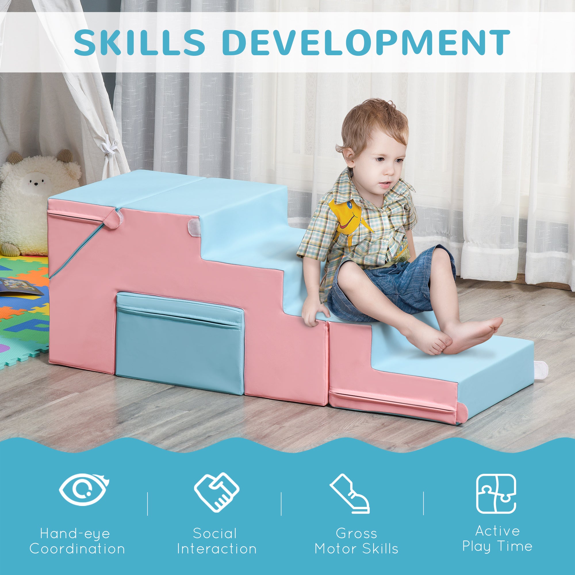 Qaba Kids Crawl and Climb Foam Play Set Toddler Nugget 2-Piece Interactive Set for Climbing, Crawling, Sliding Play Zone for Baby Preschooler 1-3 Years, Light Blue