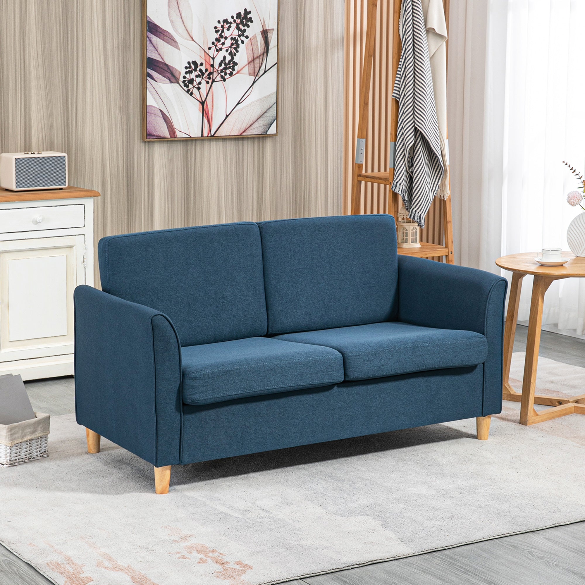 HOMCOM 2-Seat Sofa Two-Seater Couch with Armrests and Wood Legs for Living Room, Bedroom, Blue
