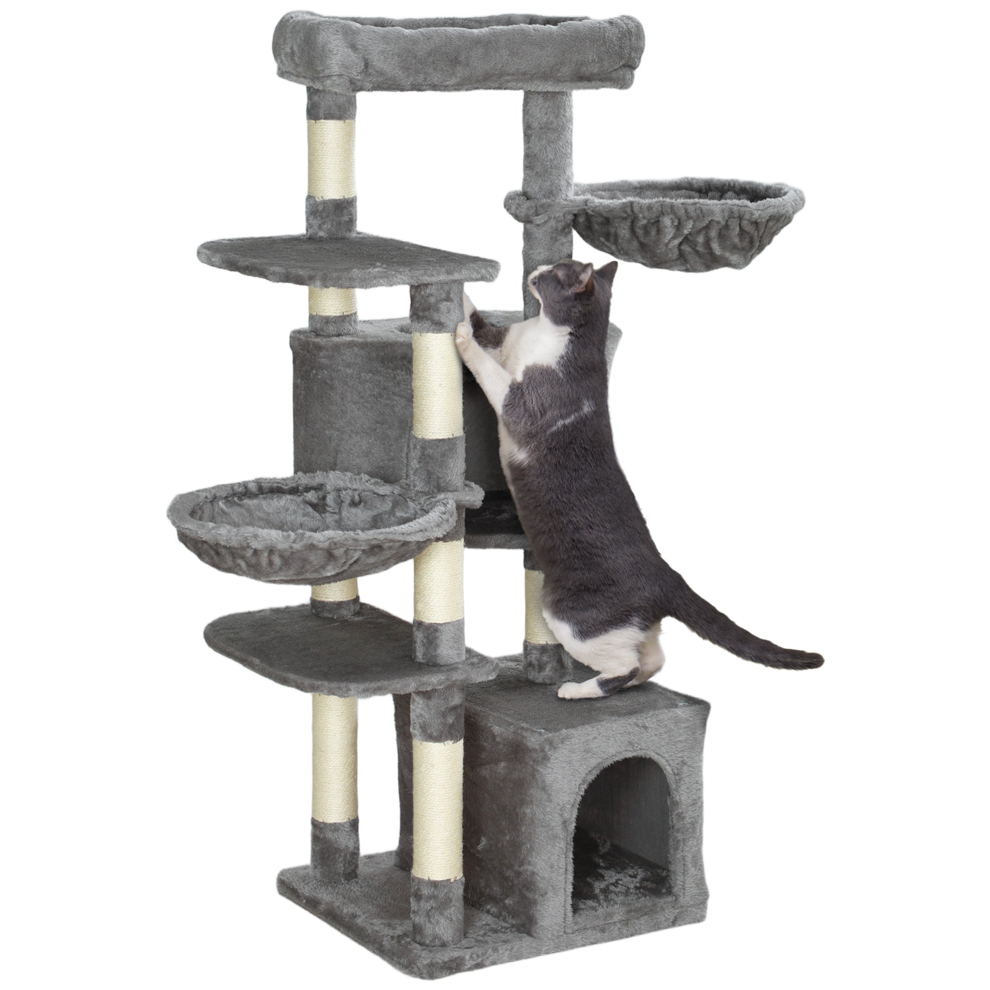 PawHut 52.5" Cat Tree Tower with Scratching Posts, Cat Condos, Bed, Platforms, Hammocks, for Indoor Cats, Grey