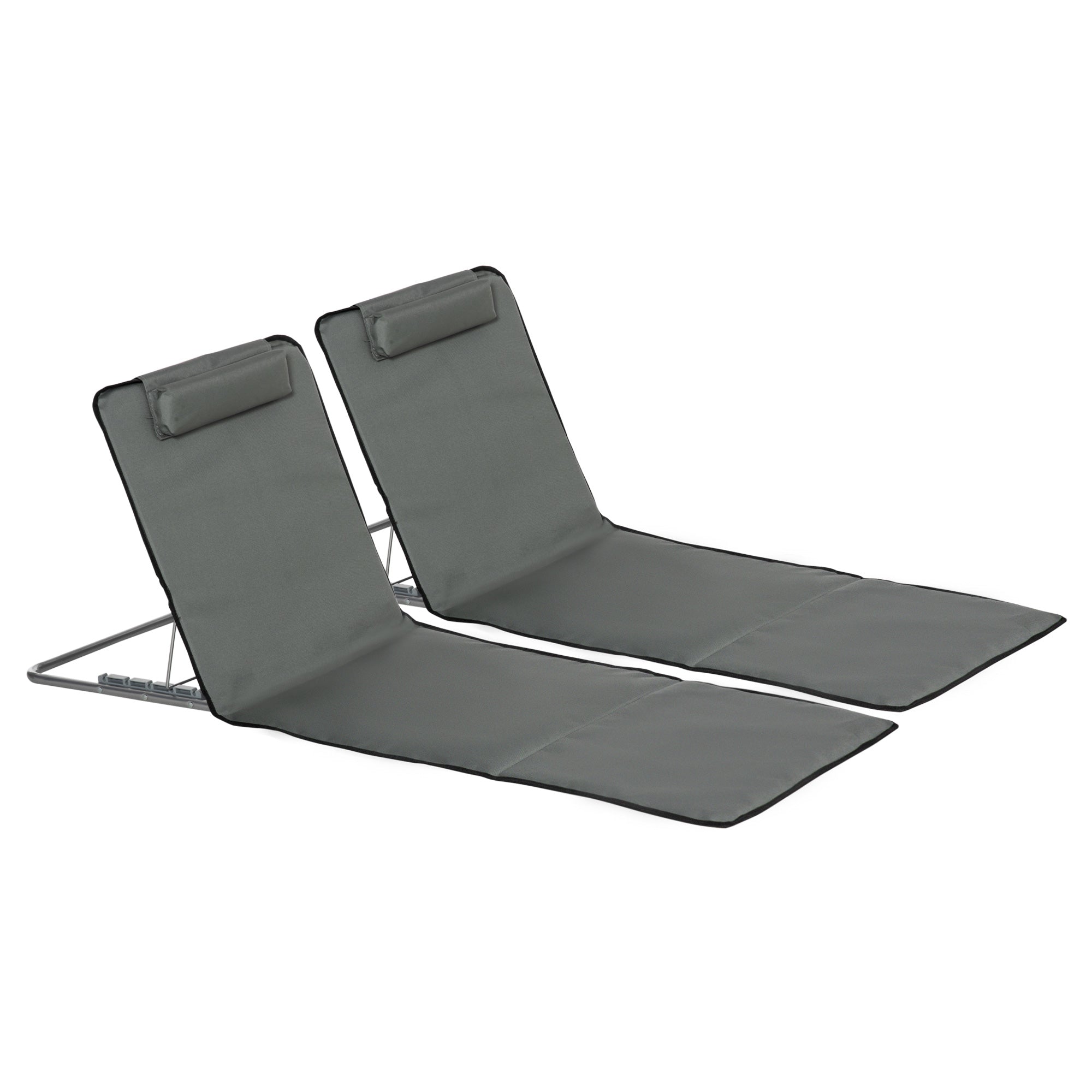 Outsunny Set of 2 Sun Lounger Beach Mat Folding Lounge Chair Mat with Adjustable Back Steel Frame Head Pillow Carry Bag Grey