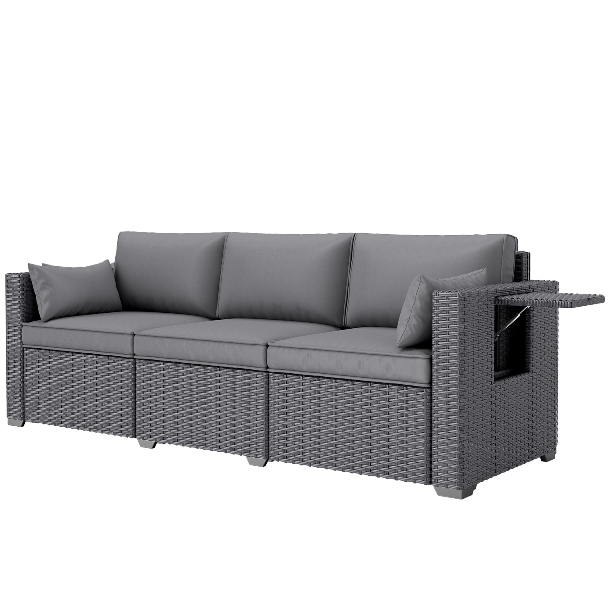 Outsunny 3 Seater Wicker Patio Sofa with Side Trays, Outdoor Couch with 6" Thick Back Cushions, Deep Seating, Grey