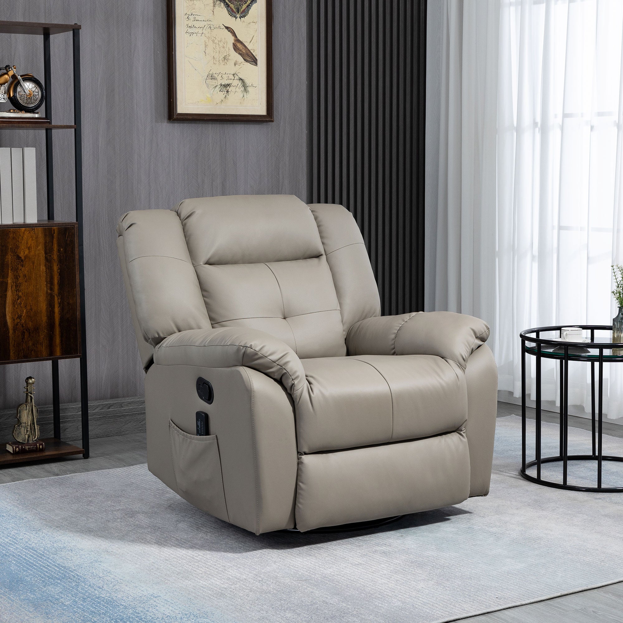 HOMCOM 8-Point Vibration Massage Recliner Chair for Living Room, PU Leather Manual Reclining Chair, Swivel Recliner with Remote Control, Rocking Function, Grey