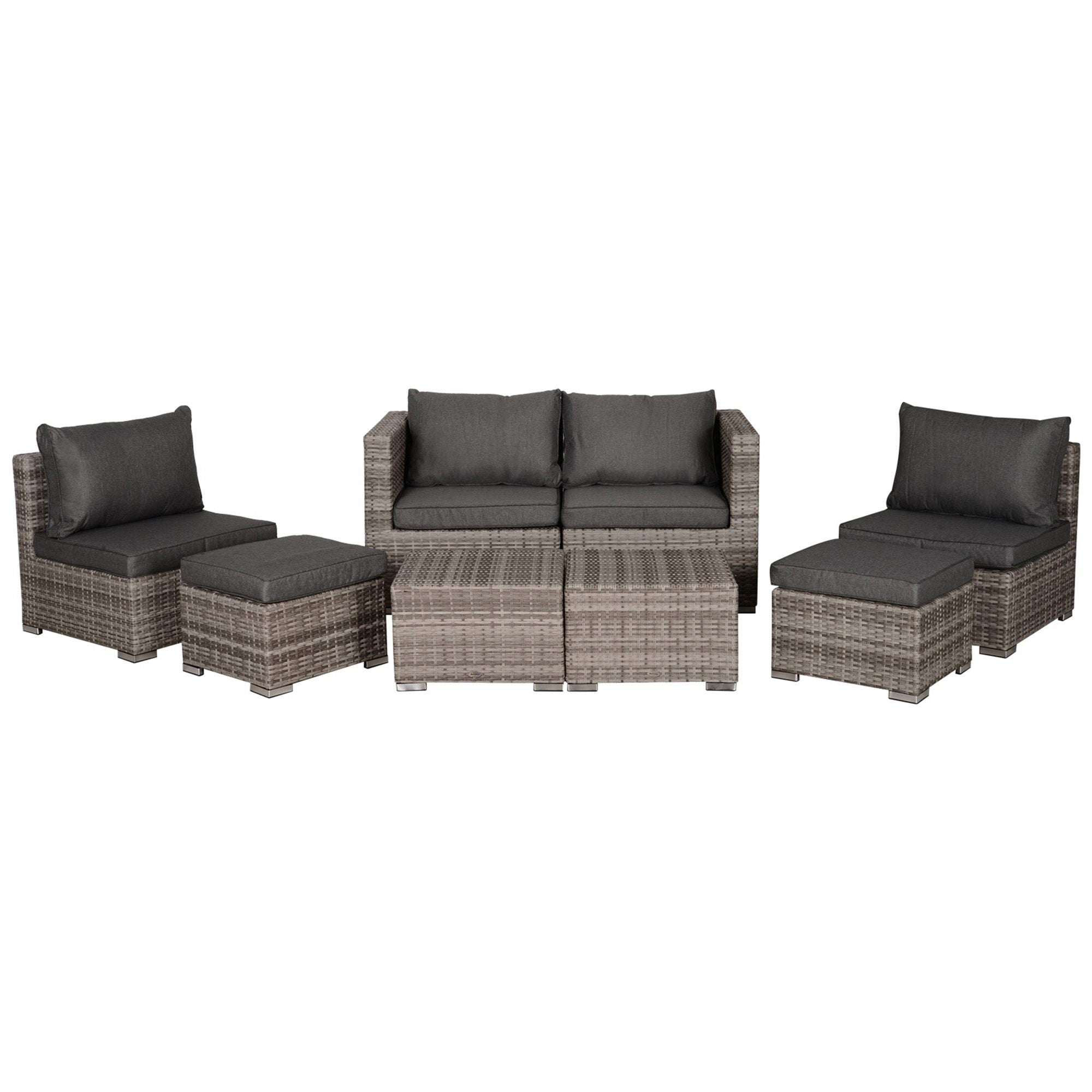Outsunny 8 Pieces Patio Furniture Set, Outdoor Wicker Rattan Sofa Set Yard Conversation Seat Tea Table and Footstool Garden Patio Furniture w/ 2 Set Cushion Cover Grey & Orange