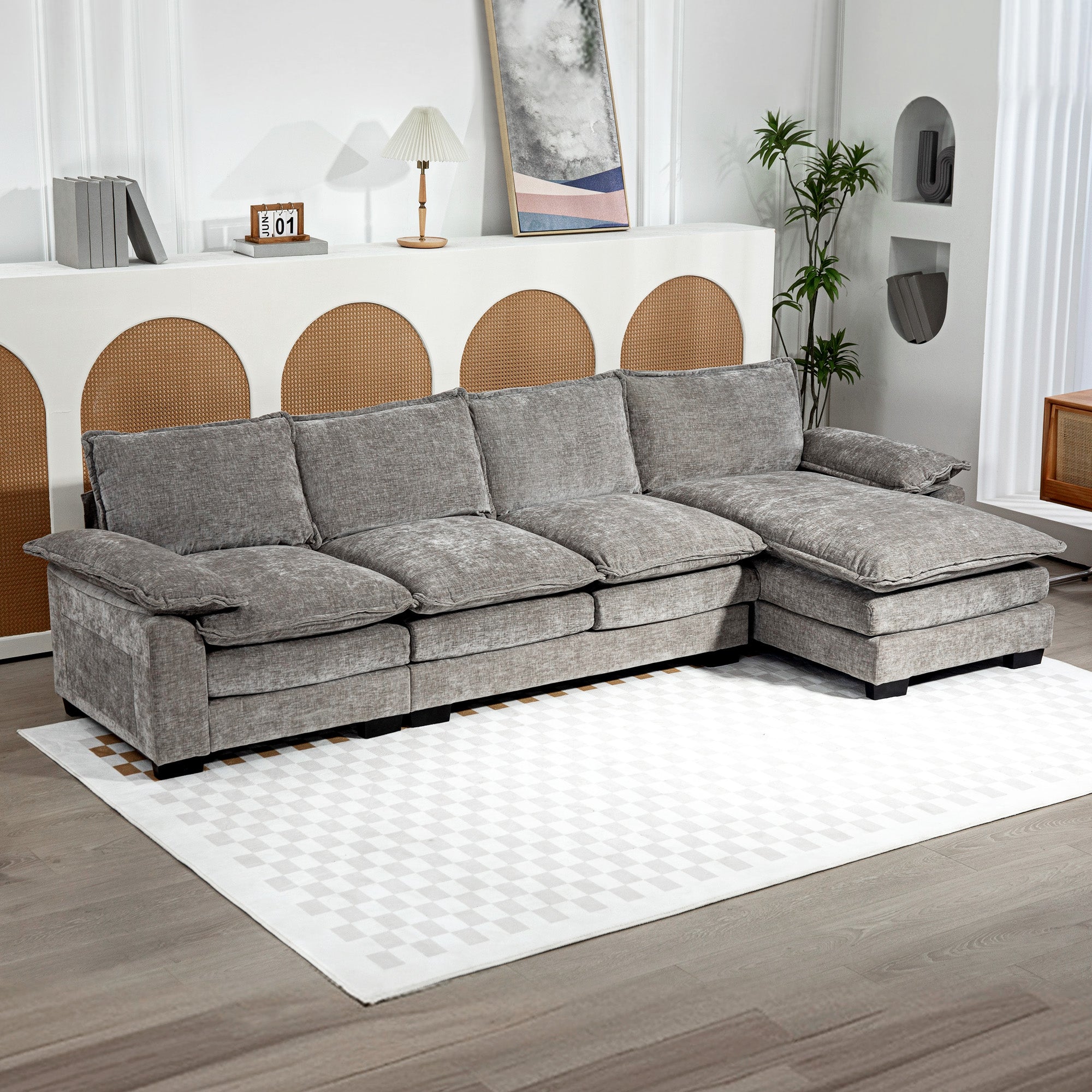 HOMCOM Sofa Couch with Chaise Lounge, Chenille L-shaped Couch with Double-layer Seat Cushion for Living Room, Grey
