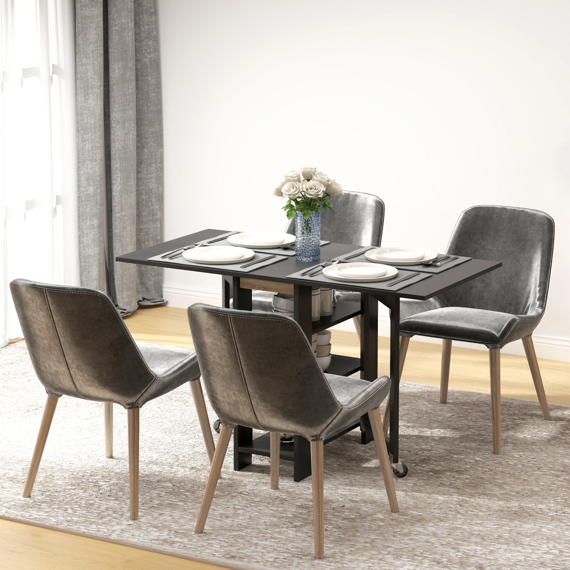 HOMCOM Folding Dining Table with Storage, Drop Leaf Kitchen Table for Small Spaces, Black