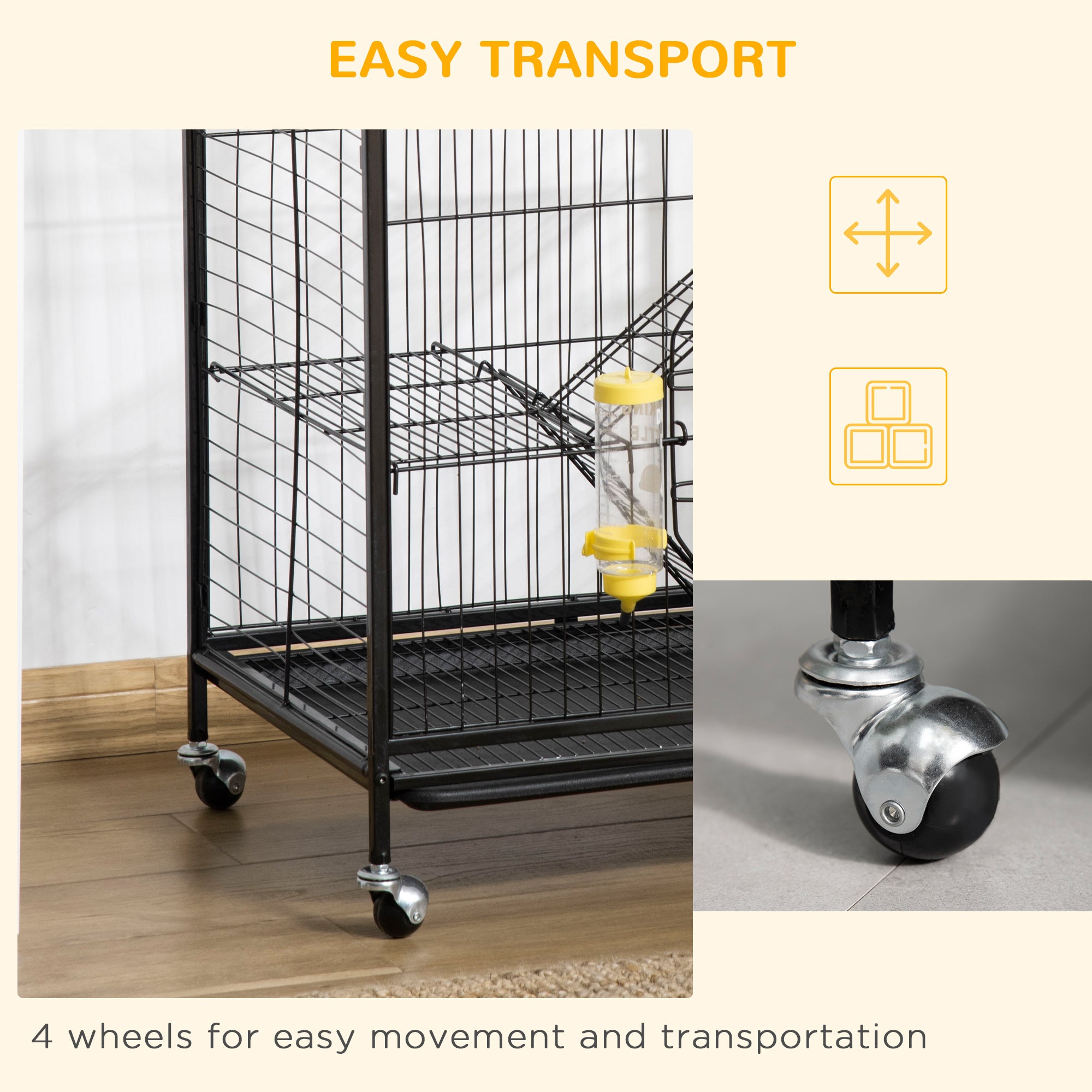 PawHut Rolling Small Animal Cage 36.6" Pet Rabbit Ferret Playpen, Animal Supply Kit Metal Black for Bunny, Pet Mink, Chinchilla