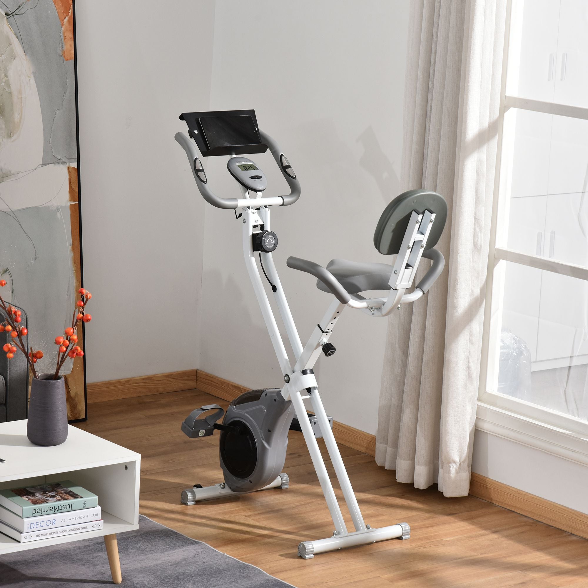 Soozier Folding Exercise Bike, Indoor Stationary Bike with 8-Level Magnetic Resistance and LCD Monitor, for Cardio Workout Grey